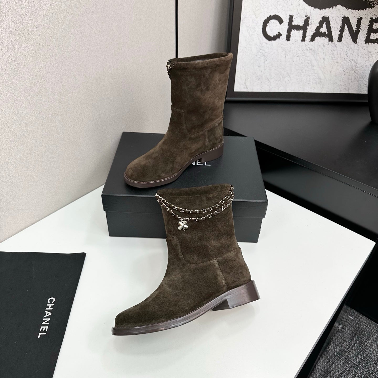 CHANEL 25S SHORT BOOTS IN BROWN SUEDE SILVER HARDWARE