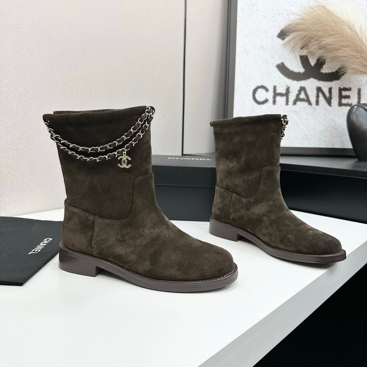 CHANEL 25S SHORT BOOTS IN BROWN SUEDE SILVER HARDWARE