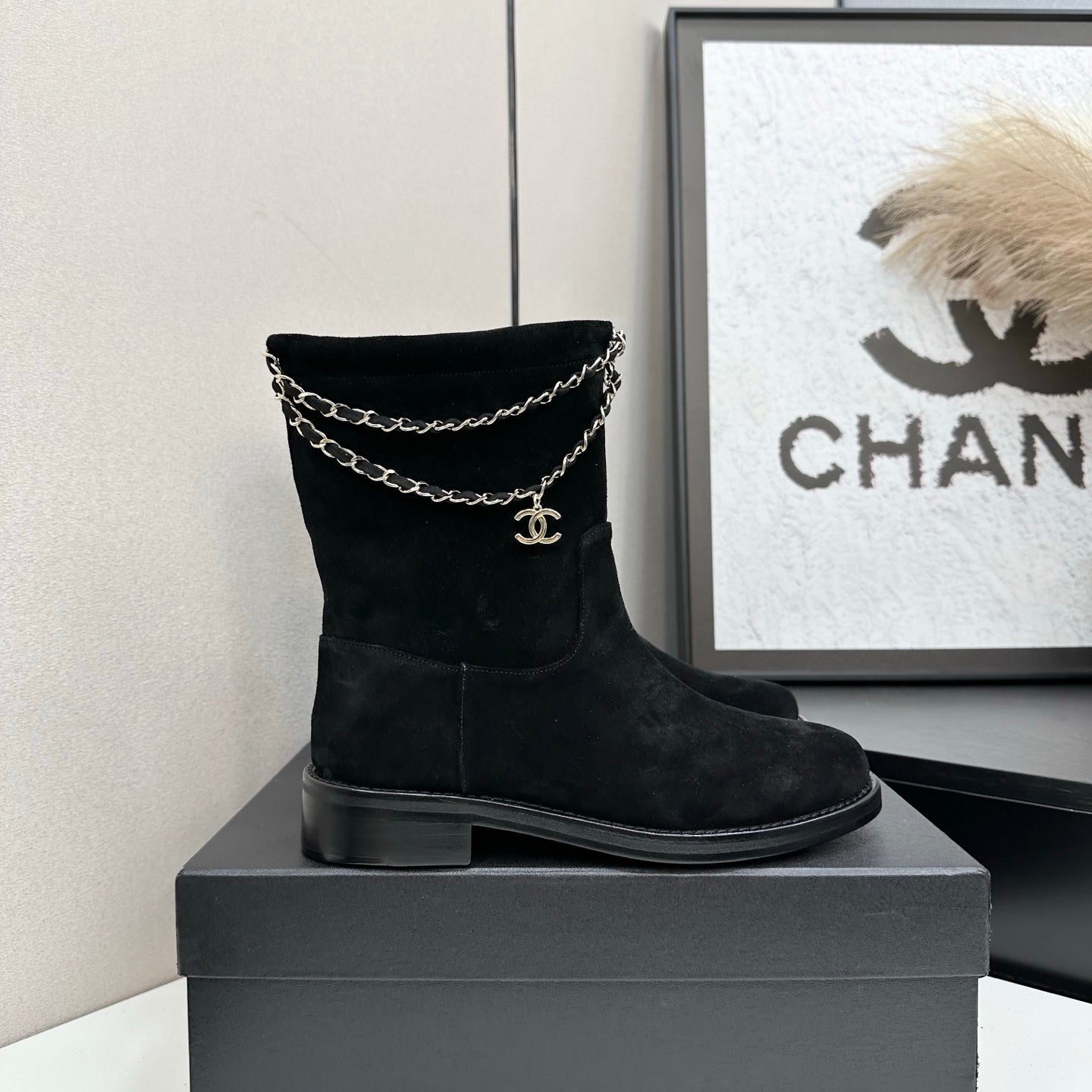 CHANEL 25S SHORT BOOTS IN BLACK SUEDE SILVER HARDWARE