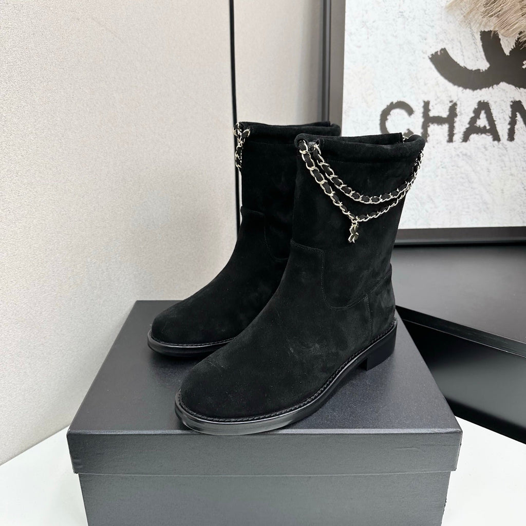 CHANEL 25S SHORT BOOTS IN BLACK SUEDE SILVER HARDWARE
