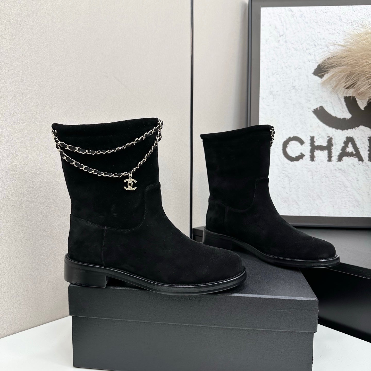CHANEL 25S SHORT BOOTS IN BLACK SUEDE SILVER HARDWARE