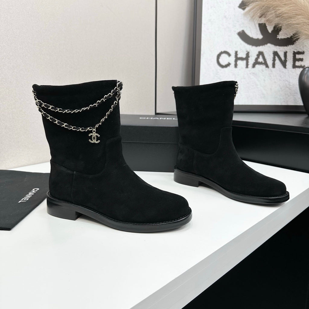 CHANEL 25S SHORT BOOTS IN BLACK SUEDE SILVER HARDWARE