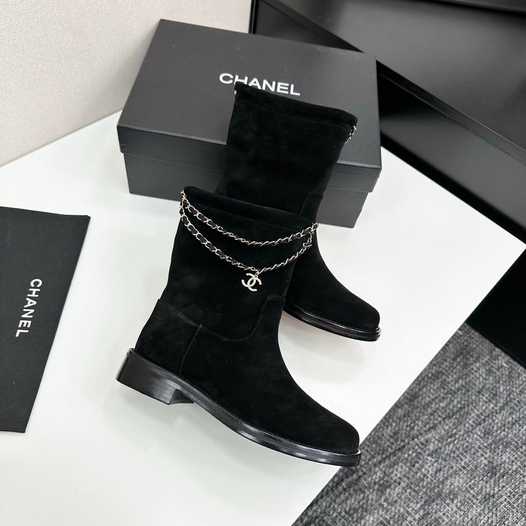 CHANEL 25S SHORT BOOTS IN BLACK SUEDE SILVER HARDWARE