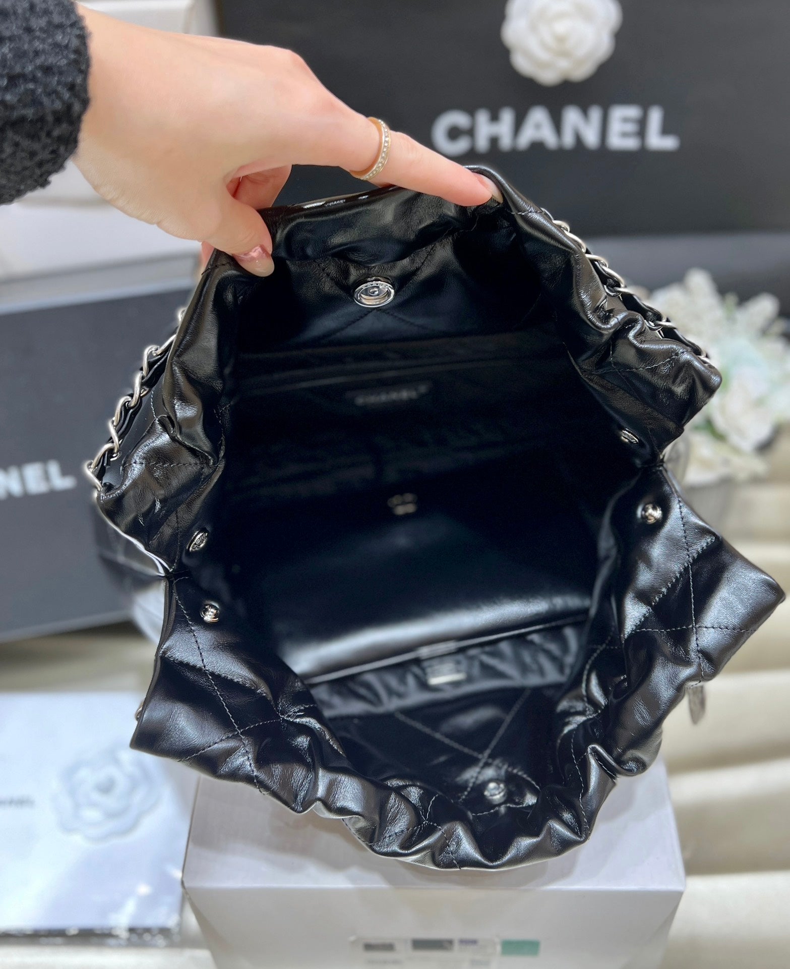 CHANEL 19 HOBO BAG 43CM BLACK GOATSKIN SILVER HARDWARE