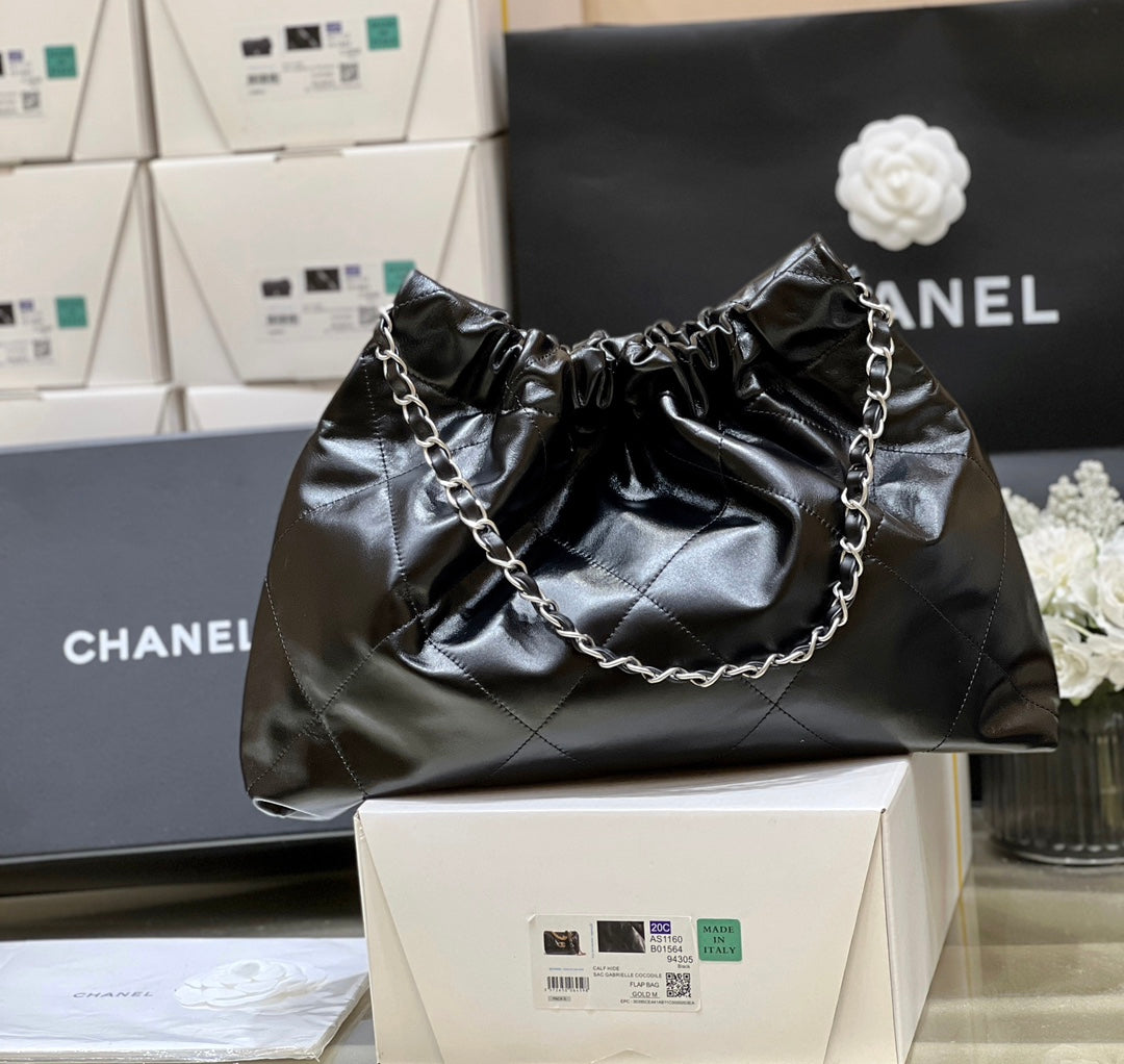 CHANEL 19 HOBO BAG 43CM BLACK GOATSKIN SILVER HARDWARE