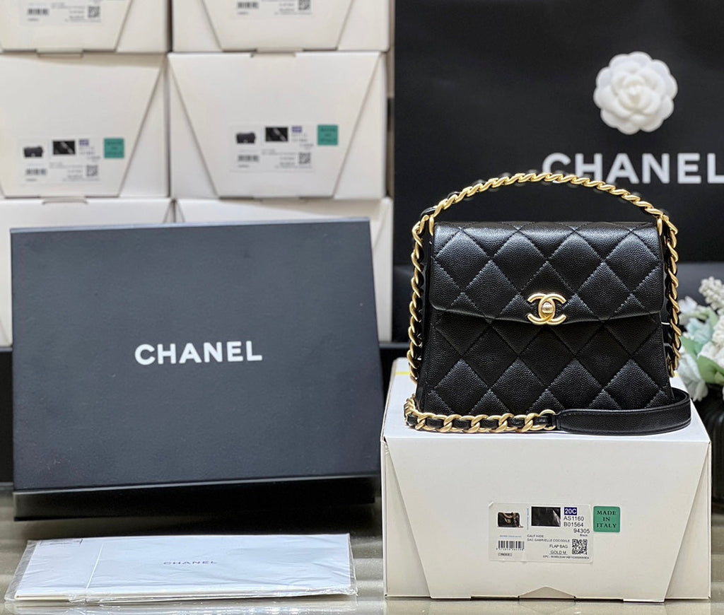 CHANEL 25S  TOTE CROSSBODY BAG 19 IN BLACK CALFSKIN WITH METAL HANDLE