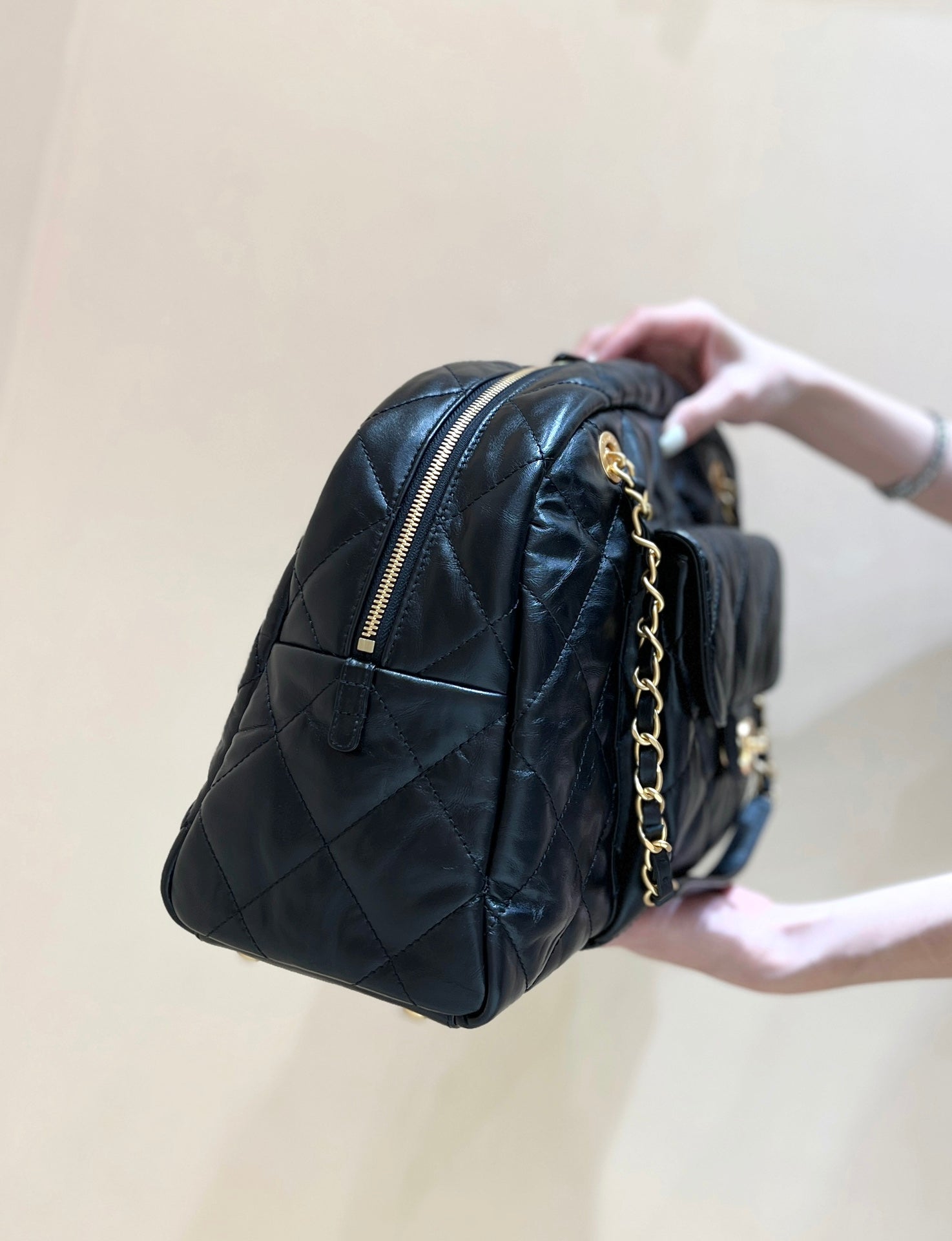 CHANEL BOWLING BAG 44 IN BLACK SOFT LAMBSKIN GOLD HARDWARE