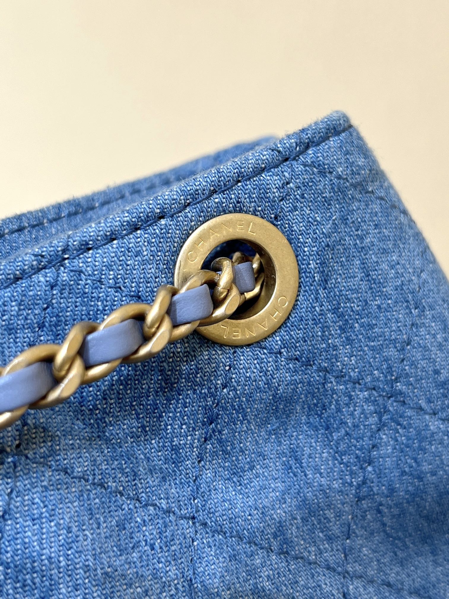 CHANEL DRAWSTRING BUCKET BACKPACK 24 IN MALIBU BLUE DENIM GOLD HARDWARE
