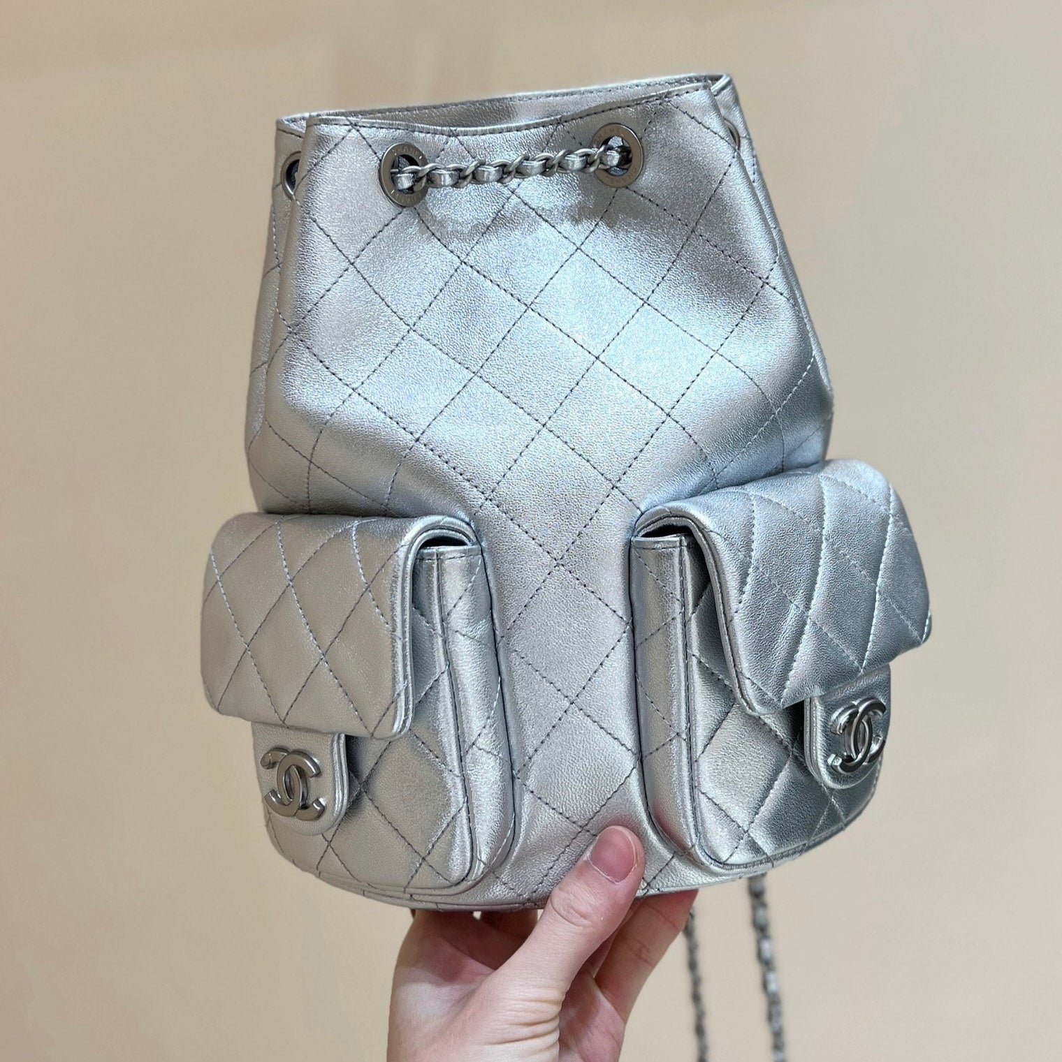 CHANEL DRAWSTRING BUCKET BACKPACK 24 IN SILVER-TONE LAMBSKIN SILVER HARDWARE