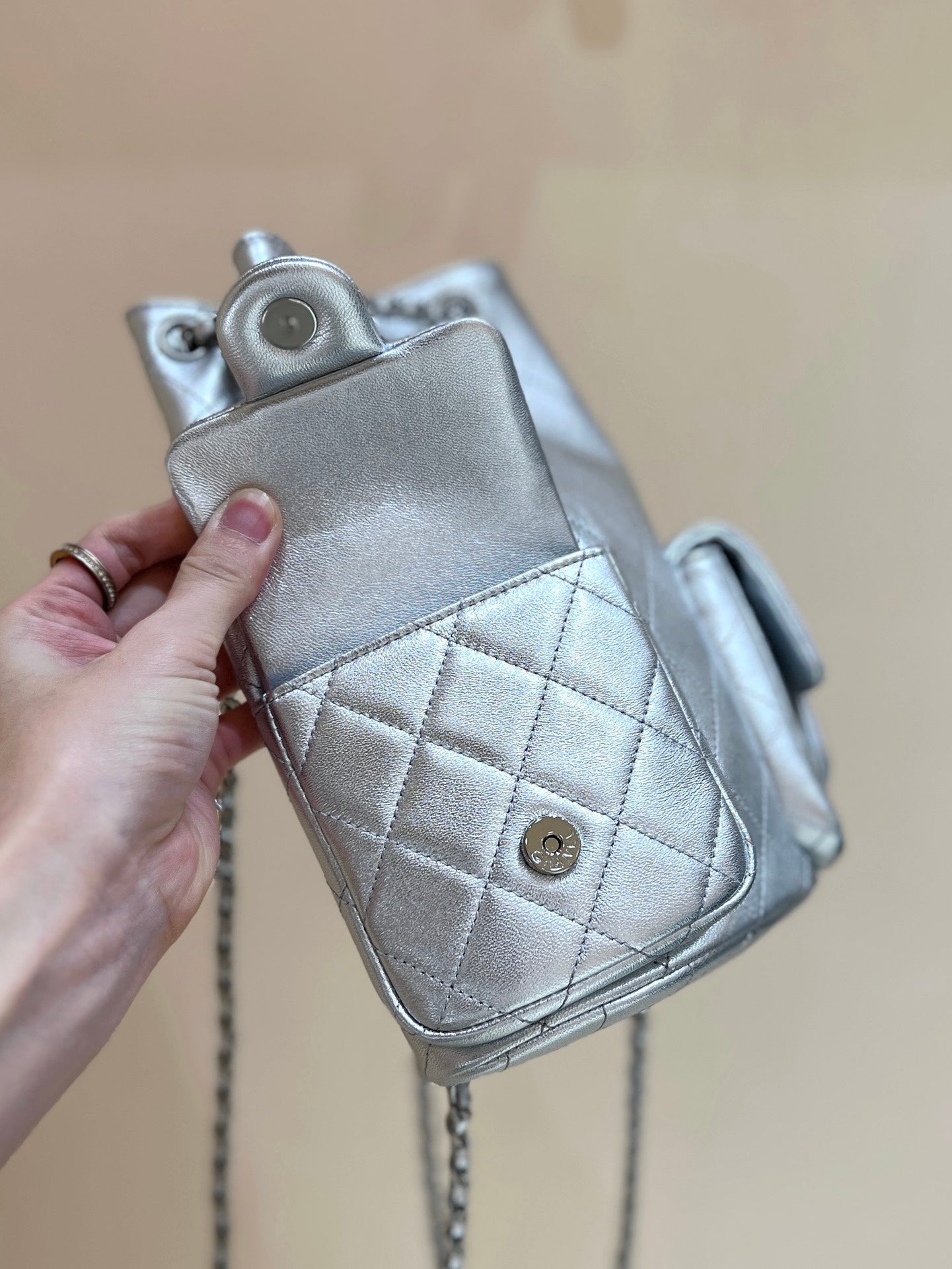 CHANEL DRAWSTRING BUCKET BACKPACK 24 IN SILVER-TONE LAMBSKIN SILVER HARDWARE
