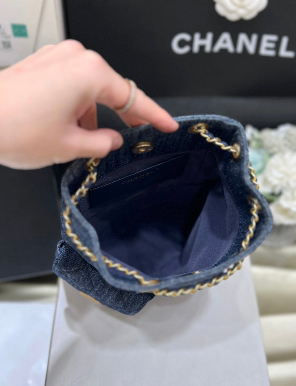 CHANEL DRAWSTRING BUCKET BACKPACK 24 IN DARK BLUE DENIM GOLD HARDWARE