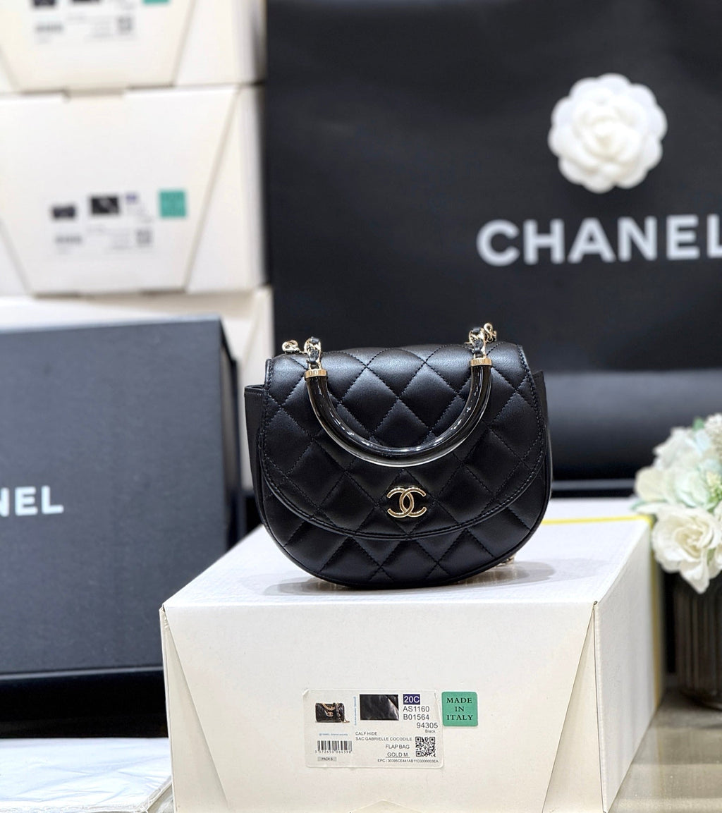CHANEL QUILTED TOP HANDLE BAG 16 IN BLACK LAMBSKIN GOLD HARDWARE