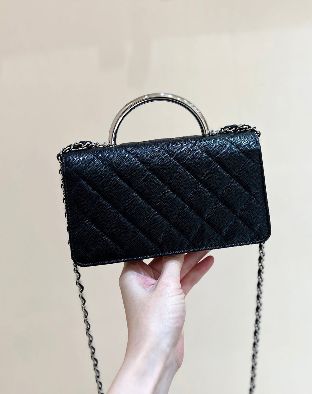 CHANEL FLAP BAG WITH SILVER-TONE HANDLE 18 IN BLACK LAMBSKIN
