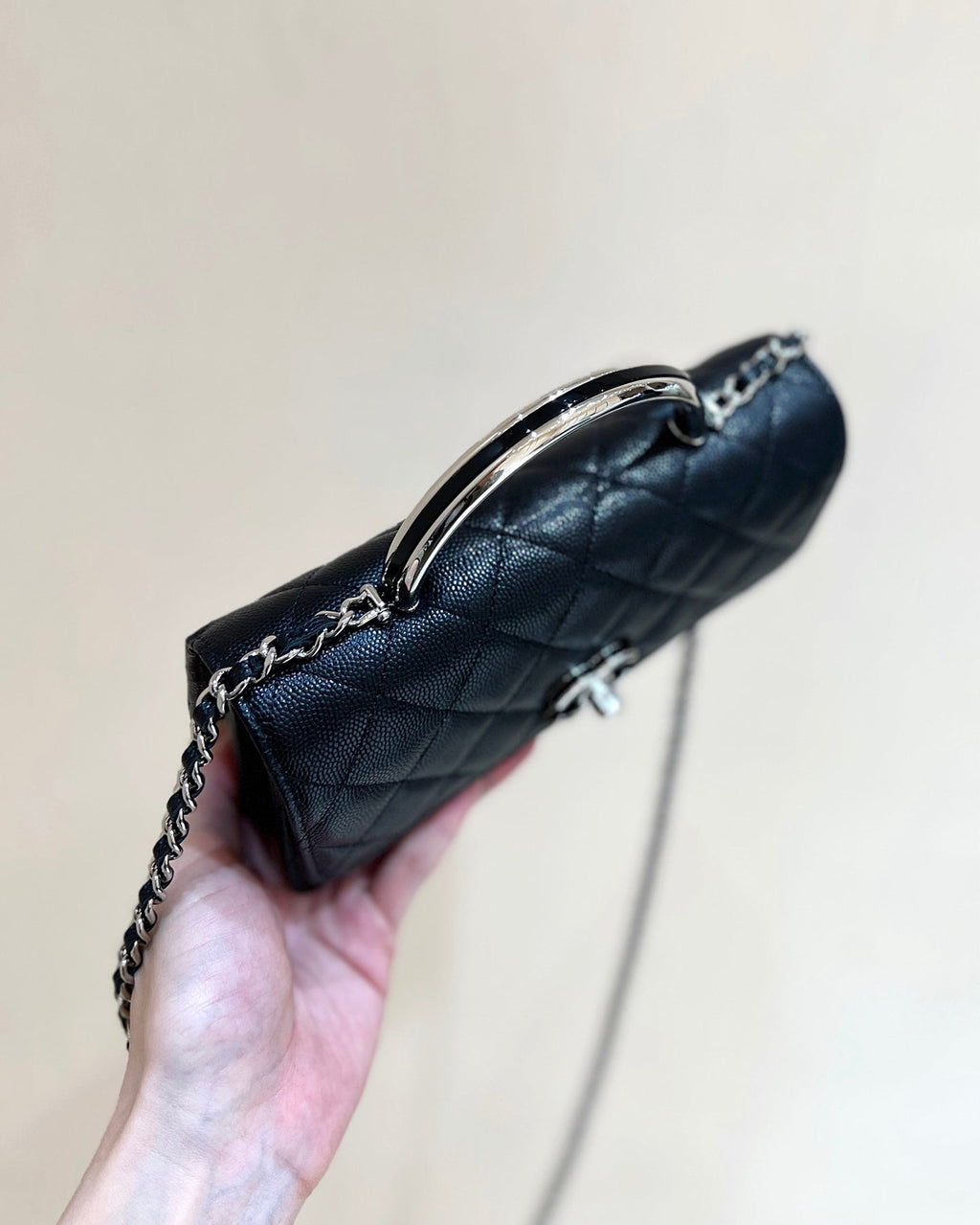 CHANEL FLAP BAG WITH SILVER-TONE HANDLE 18 IN BLACK LAMBSKIN