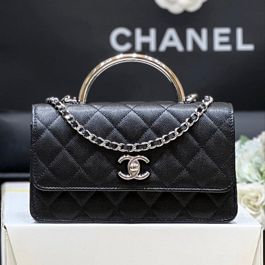 CHANEL FLAP BAG WITH SILVER-TONE HANDLE 18 IN BLACK LAMBSKIN