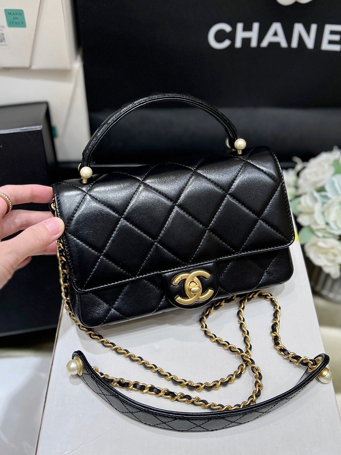 CHANEL PEARL LIMITED EDITION FLAP BAG WITH HANDLE 20 IN BLACK LAMBSKIN