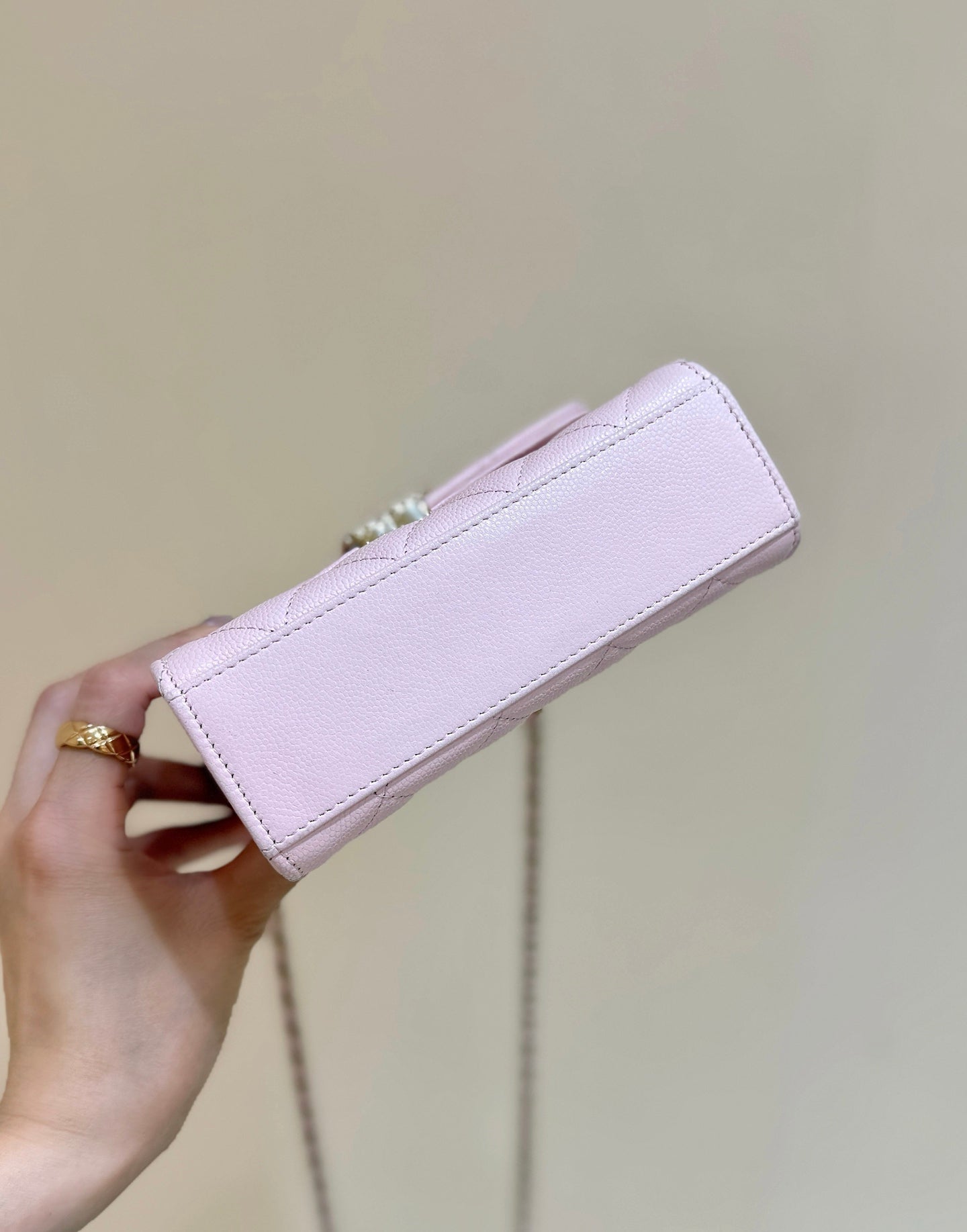 CHANEL QUILTED FLAP BAG WITH HANDLE 18 IN BABY PINK LAMBSKIN GOLD HARDWARE