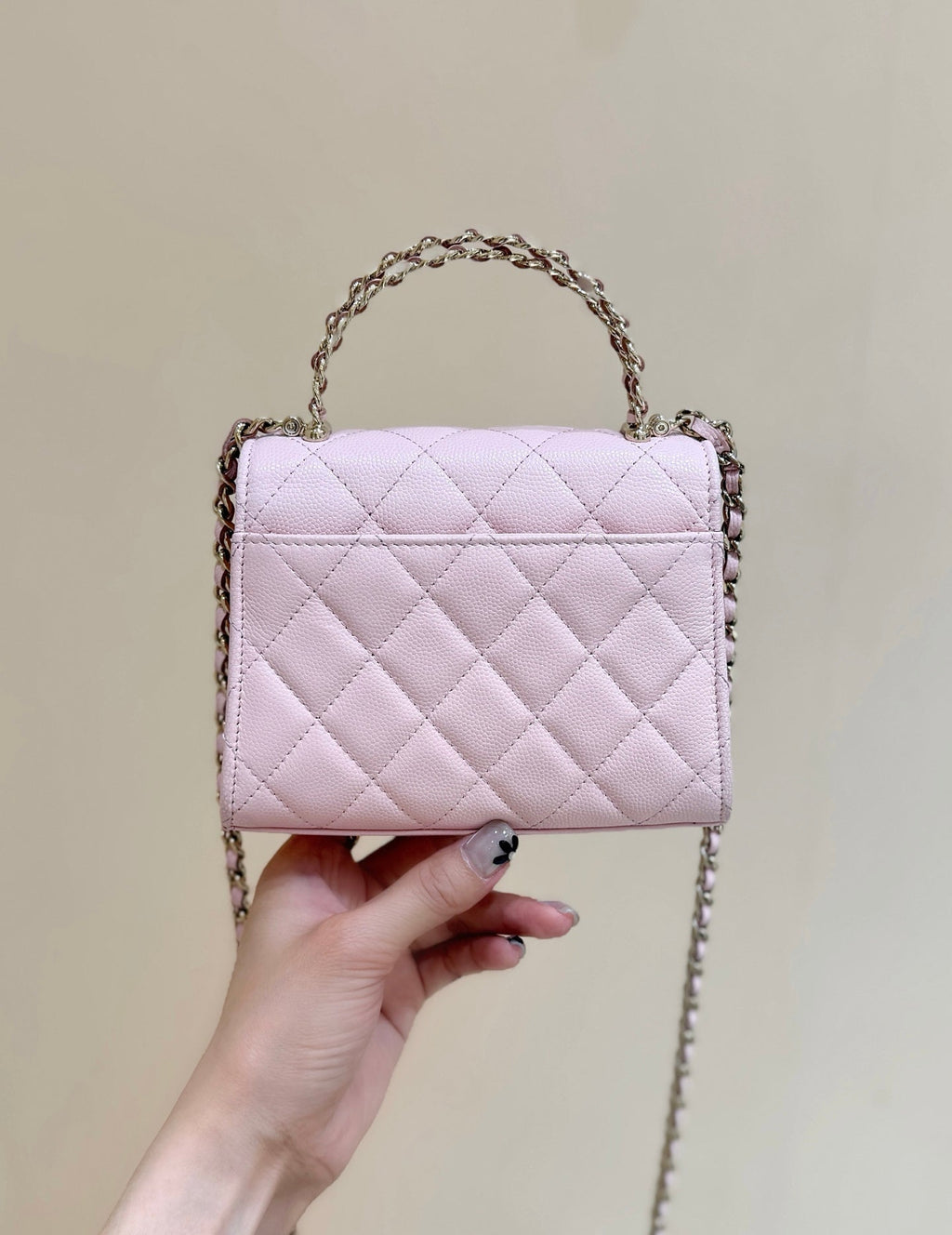 CHANEL QUILTED FLAP BAG WITH HANDLE 18 IN BABY PINK LAMBSKIN GOLD HARDWARE