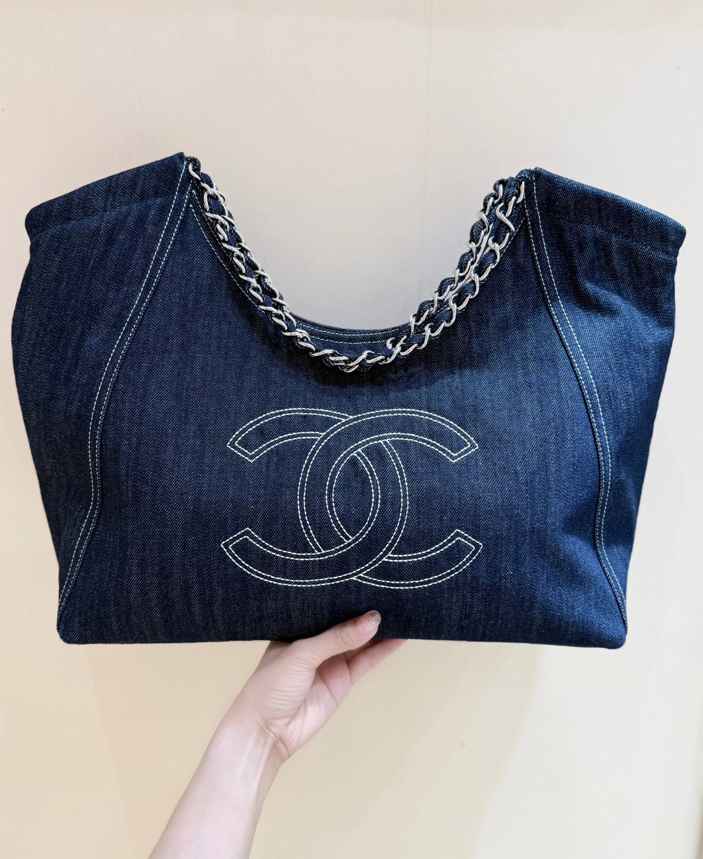 CHANEL 25S VINTEGA DENIM TOTE BAG 48 IN BLUE DENIM SILVER HARDWARE