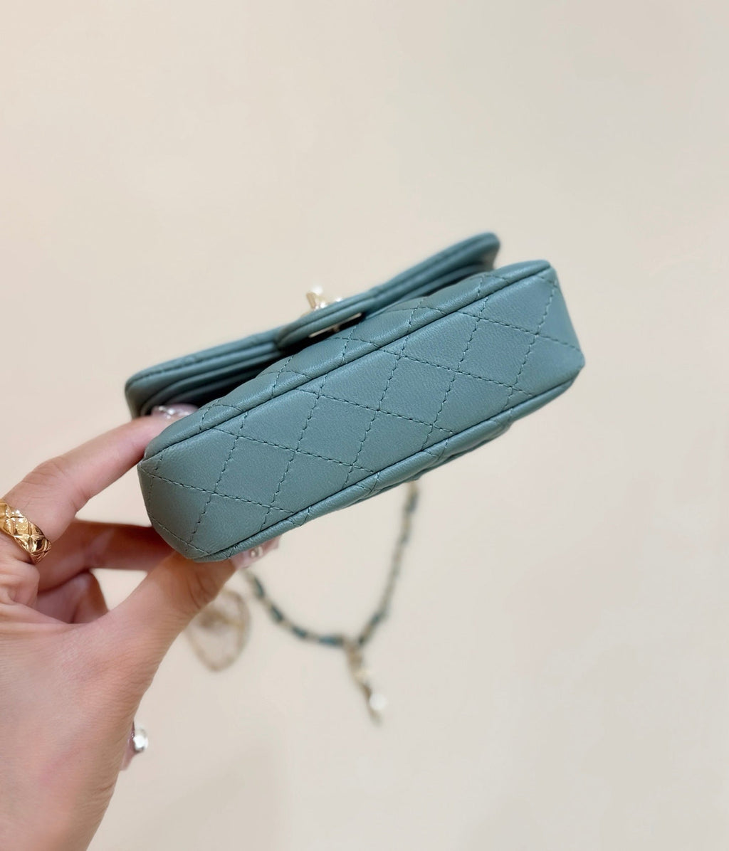 CHANEL 25S  MINI CF BAG 12 IN MUTED TEAL LAMBSKIN HEART MODEL