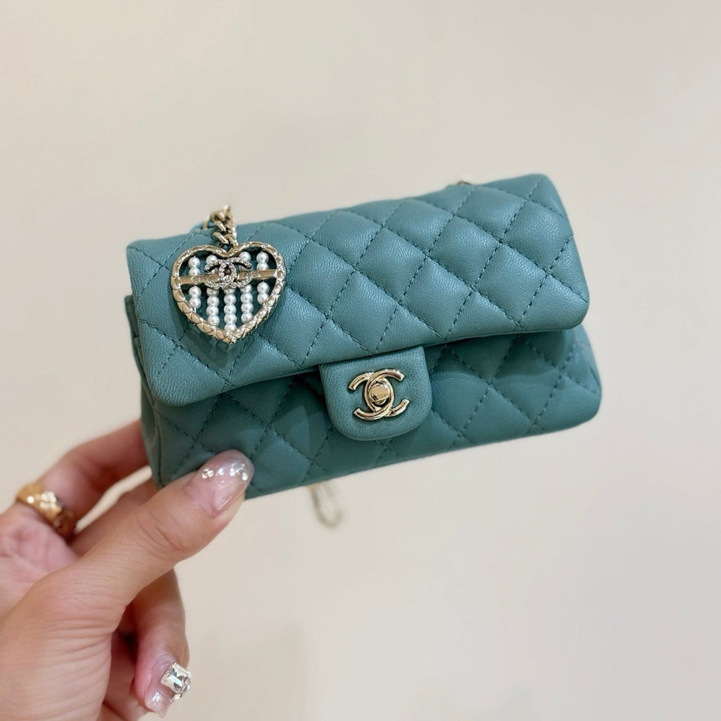 CHANEL 25S  MINI CF BAG 12 IN MUTED TEAL LAMBSKIN HEART MODEL