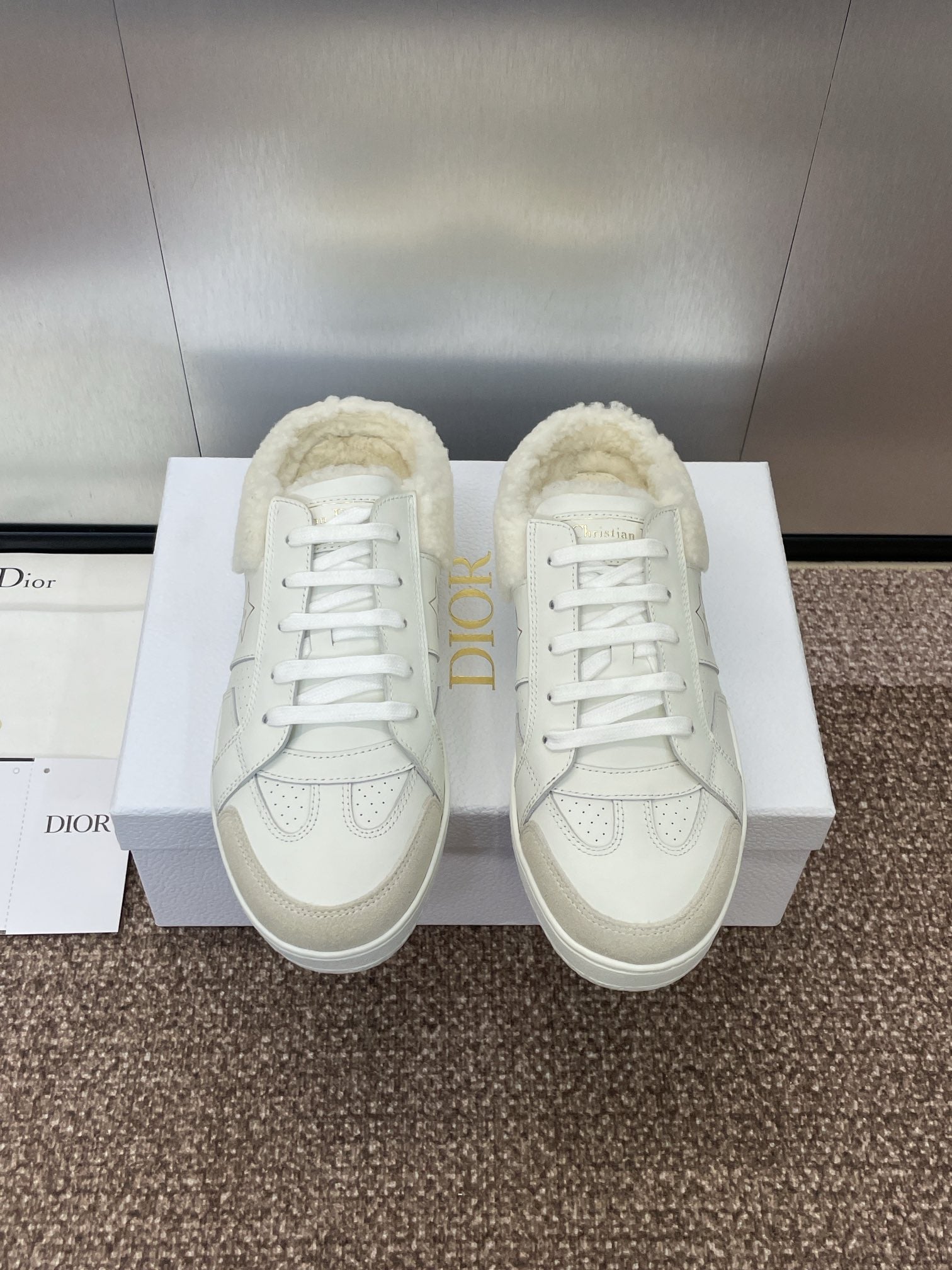 DIOR STAR SNEAKER IN WHITE CALFSKIN AND SHEARLING