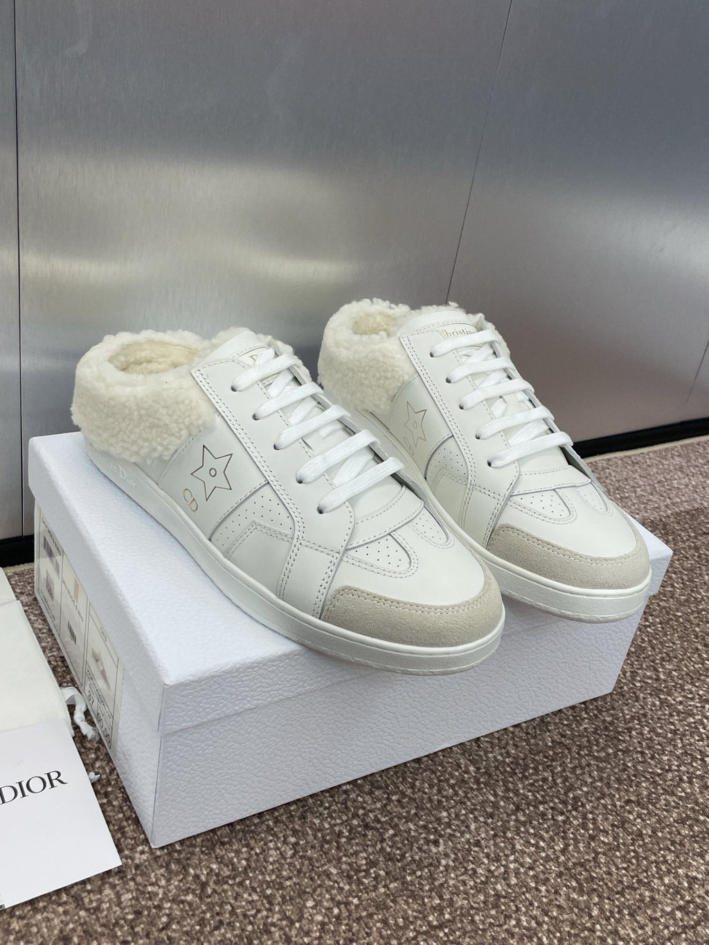 DIOR STAR SNEAKER IN WHITE CALFSKIN AND SHEARLING