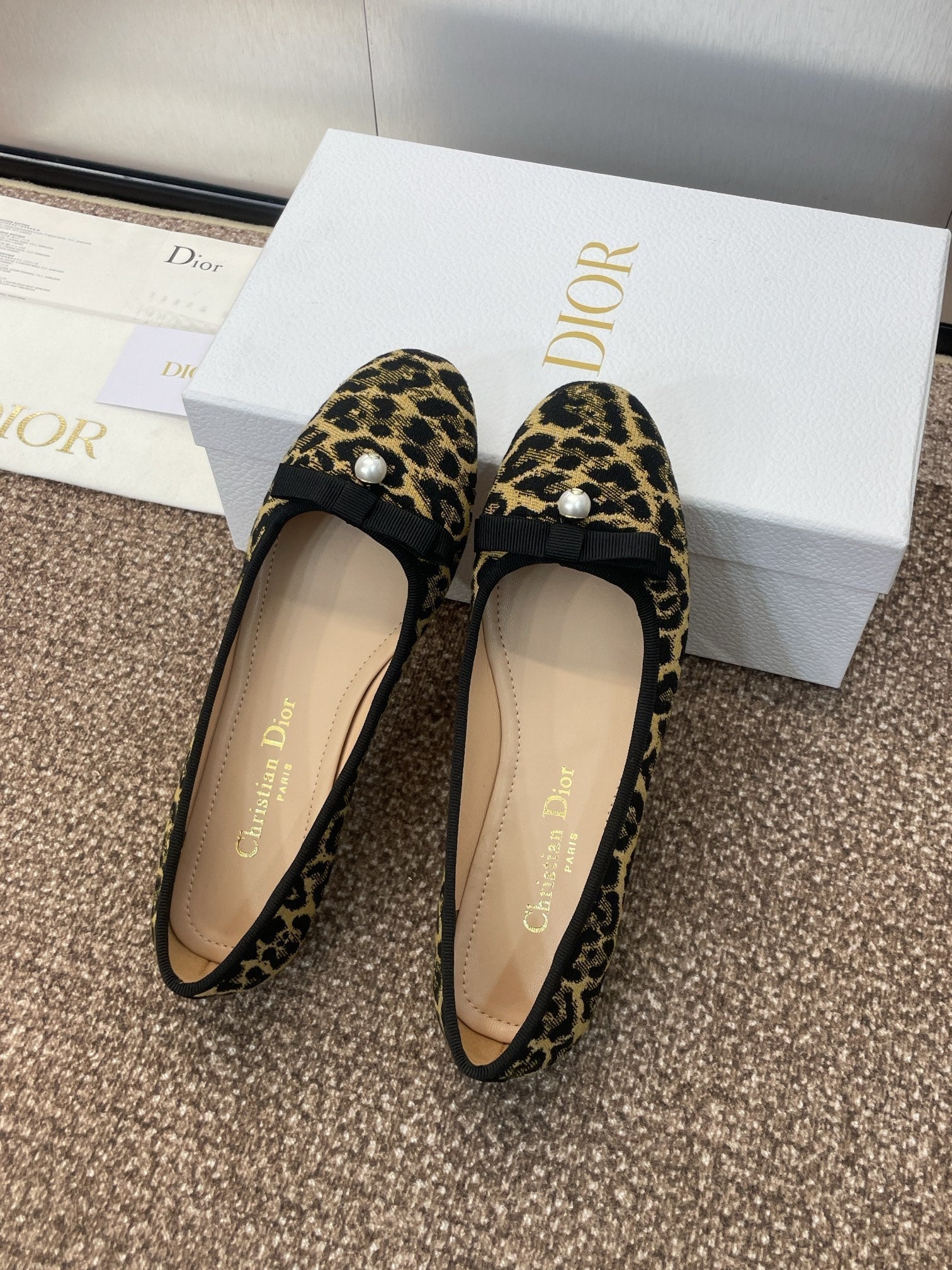 DIOR PEARL BALLET FLAT CAMEL PONY HAIR CALFSKIN WITH BROWN LEOPARD MOTIF