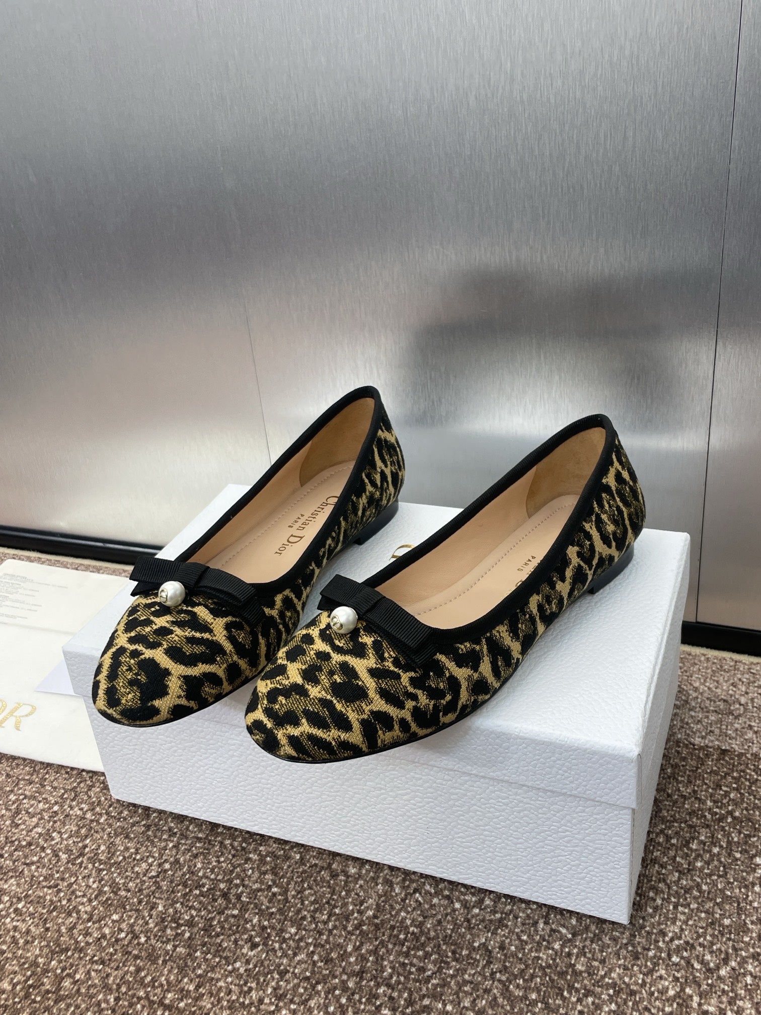 DIOR PEARL BALLET FLAT CAMEL PONY HAIR CALFSKIN WITH BROWN LEOPARD MOTIF