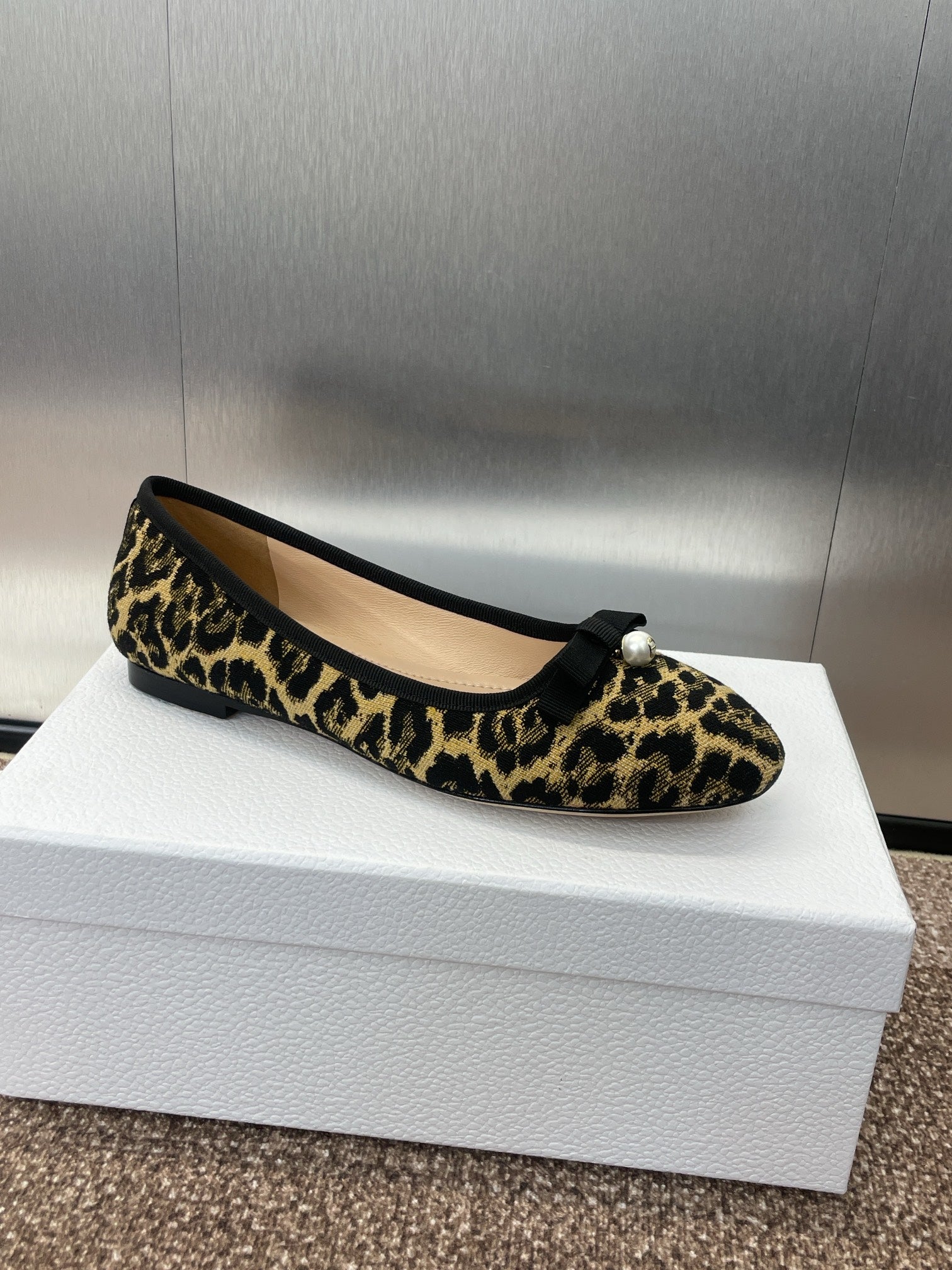 DIOR PEARL BALLET FLAT CAMEL PONY HAIR CALFSKIN WITH BROWN LEOPARD MOTIF