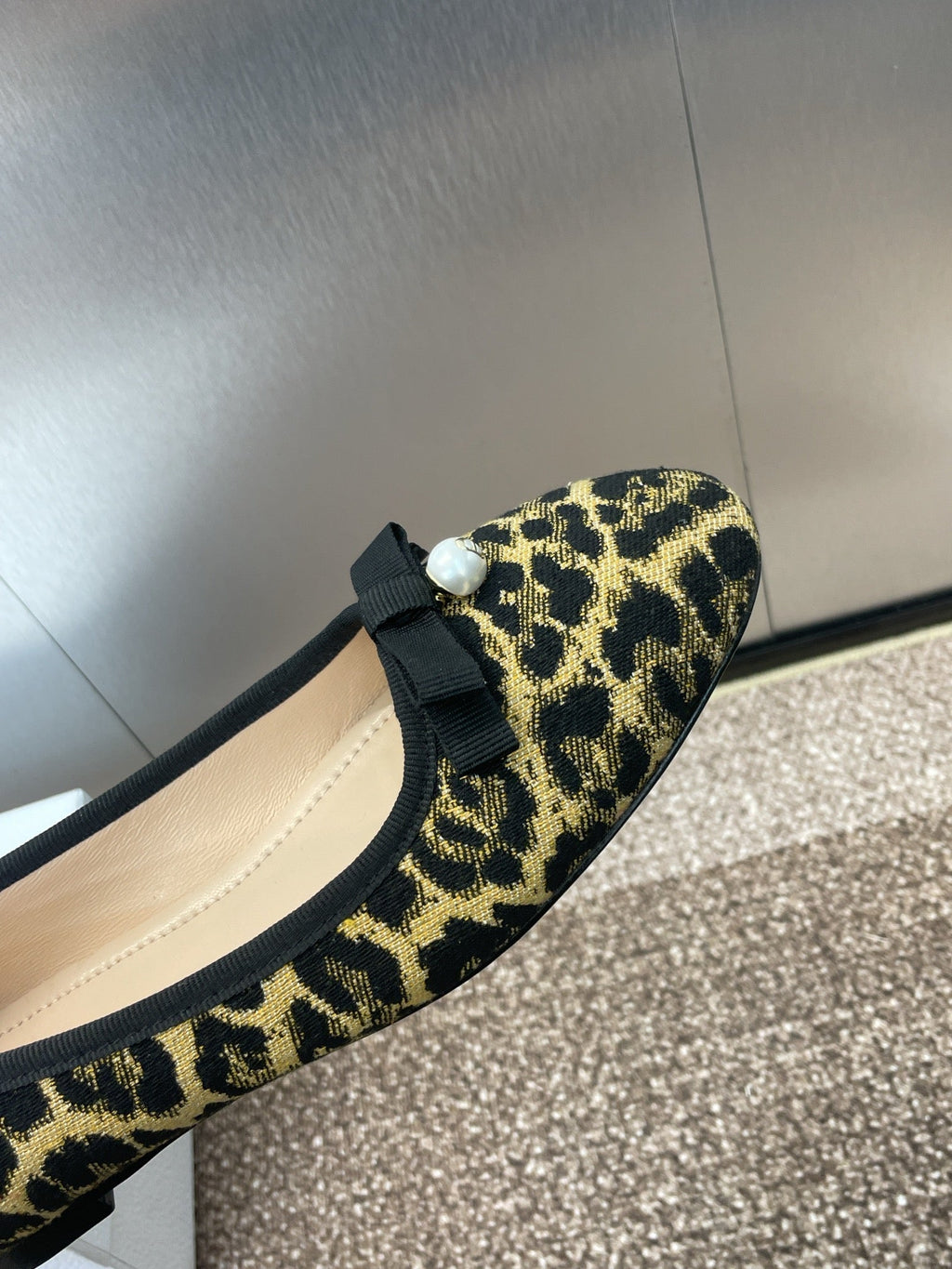 DIOR PEARL BALLET FLAT CAMEL PONY HAIR CALFSKIN WITH BROWN LEOPARD MOTIF
