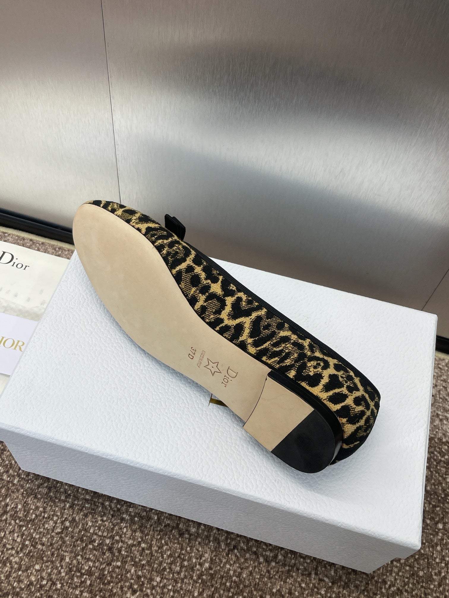 DIOR PEARL BALLET FLAT CAMEL PONY HAIR CALFSKIN WITH BROWN LEOPARD MOTIF