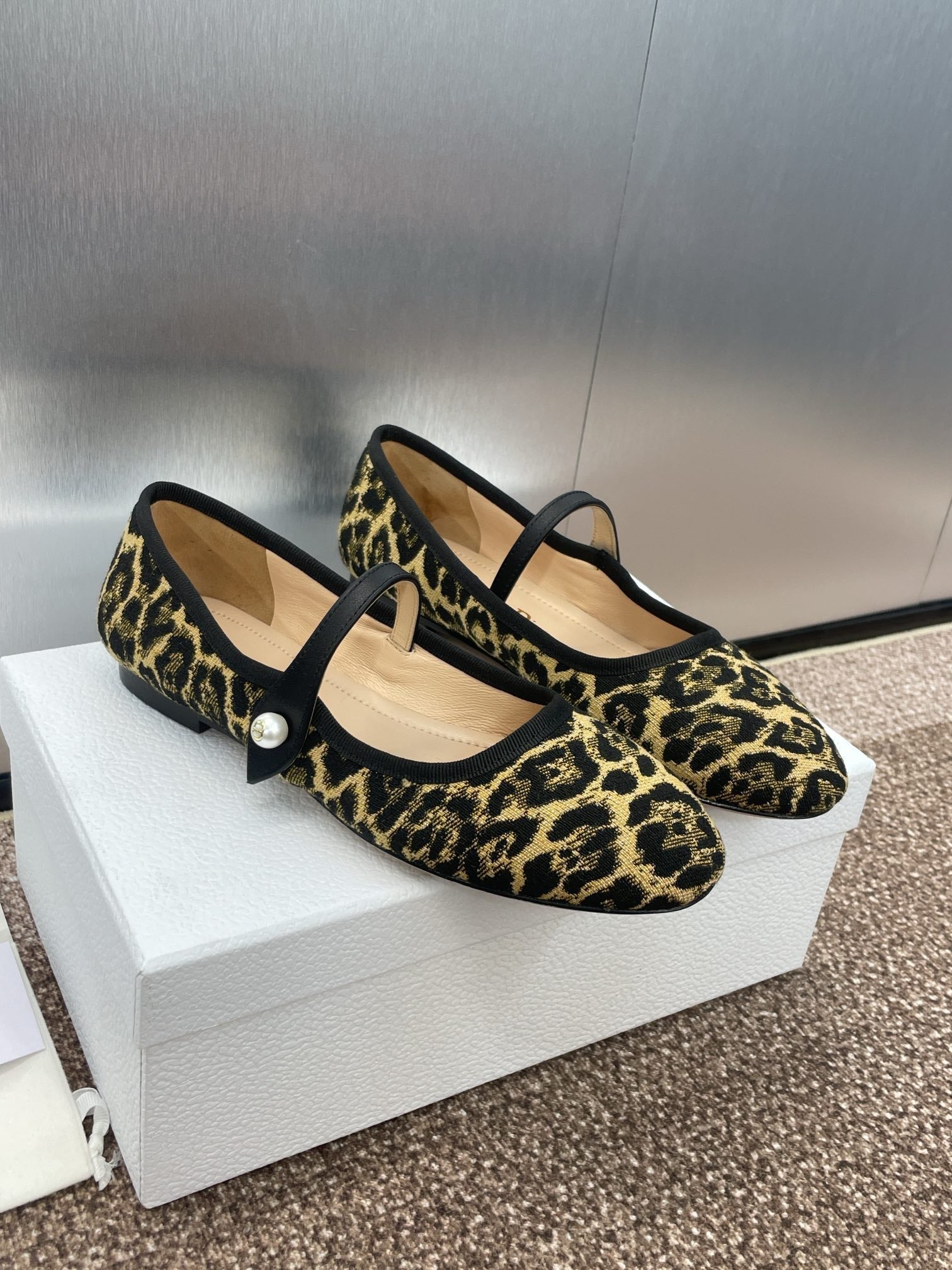 DIOR BALLET FLAT CAMEL PONY HAIR CALFSKIN WITH BROWN LEOPARD MOTIF