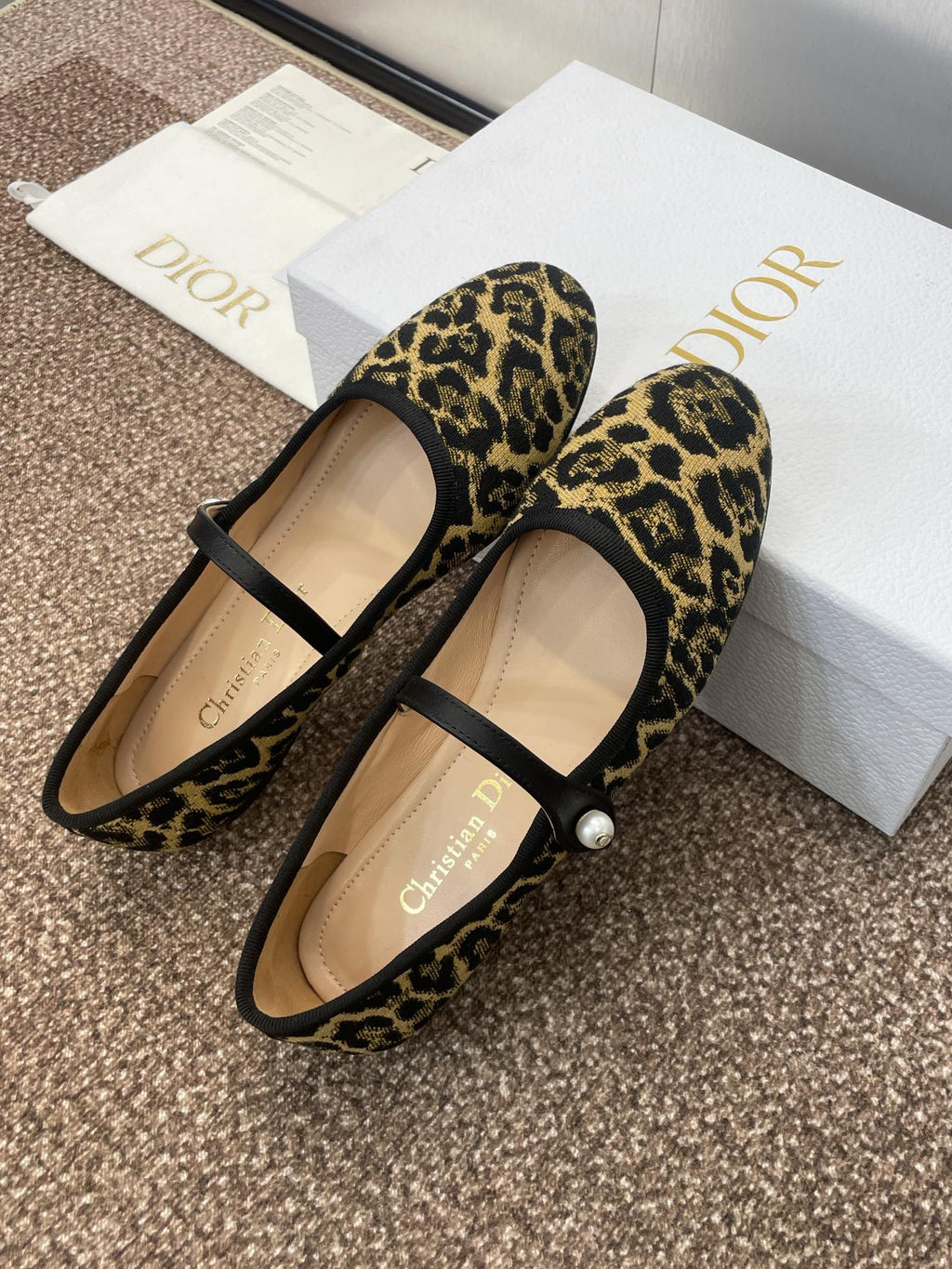 DIOR BALLET FLAT CAMEL PONY HAIR CALFSKIN WITH BROWN LEOPARD MOTIF