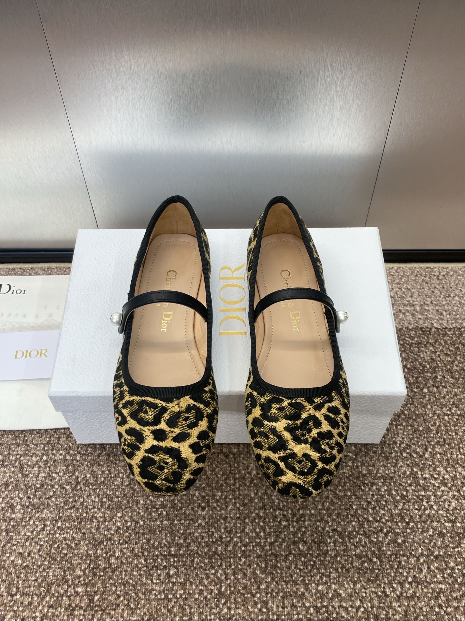 DIOR BALLET FLAT CAMEL PONY HAIR CALFSKIN WITH BROWN LEOPARD MOTIF