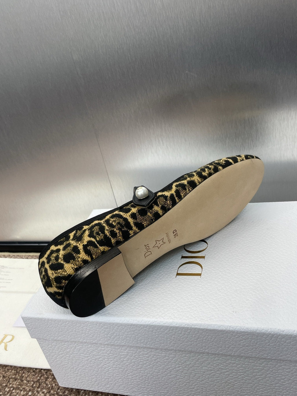 DIOR BALLET FLAT CAMEL PONY HAIR CALFSKIN WITH BROWN LEOPARD MOTIF