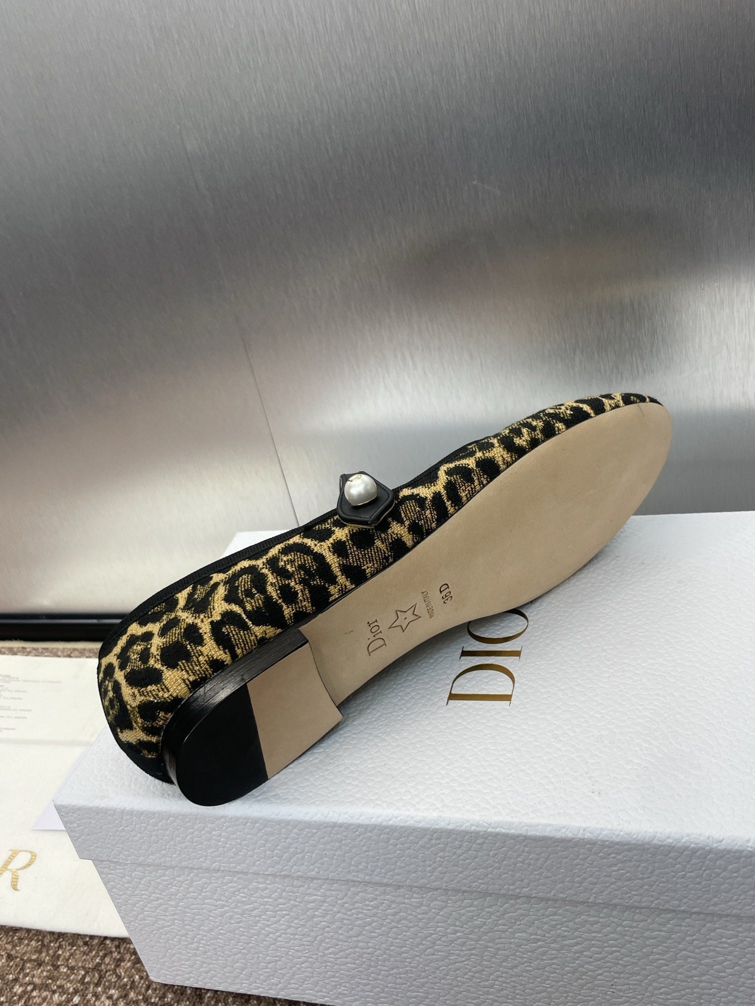 DIOR BALLET FLAT CAMEL PONY HAIR CALFSKIN WITH BROWN LEOPARD MOTIF