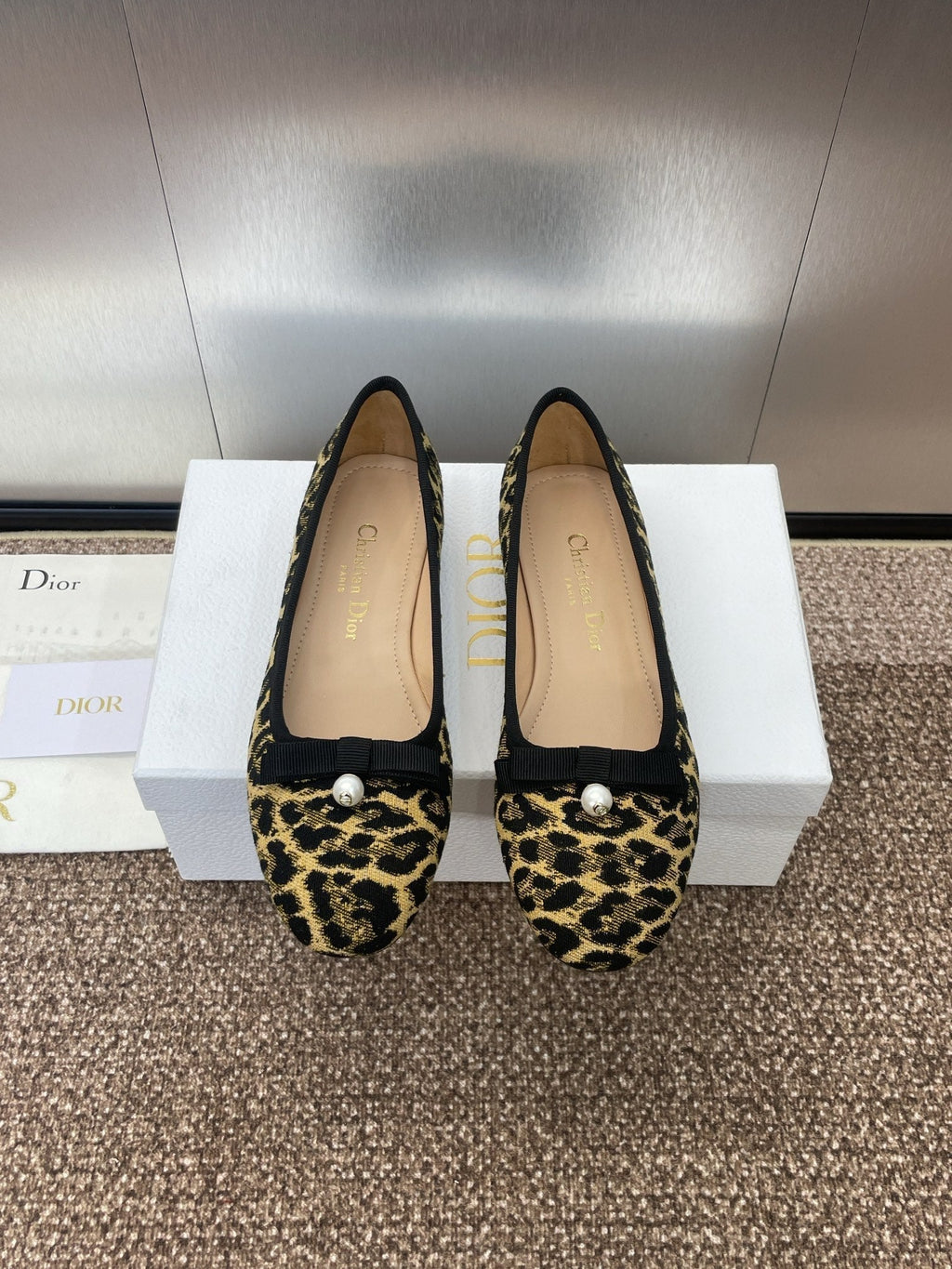 DIOR PEARL BALLET FLAT CAMEL PONY HAIR CALFSKIN WITH BROWN LEOPARD MOTIF