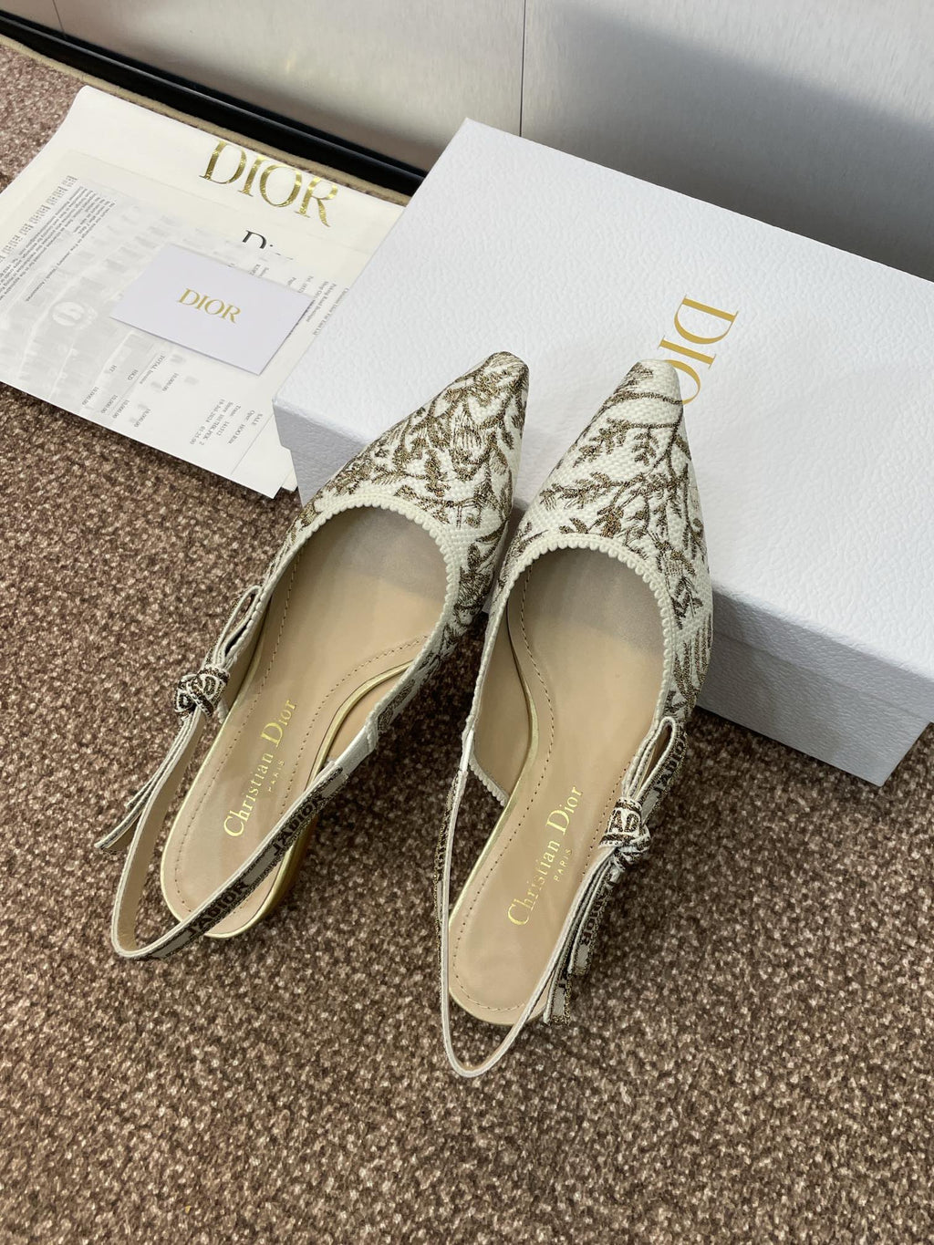 DIOR J'A SLINGBACK PUMP WHITE AND GOLD-TONE MILLEFIORI JACQUARD