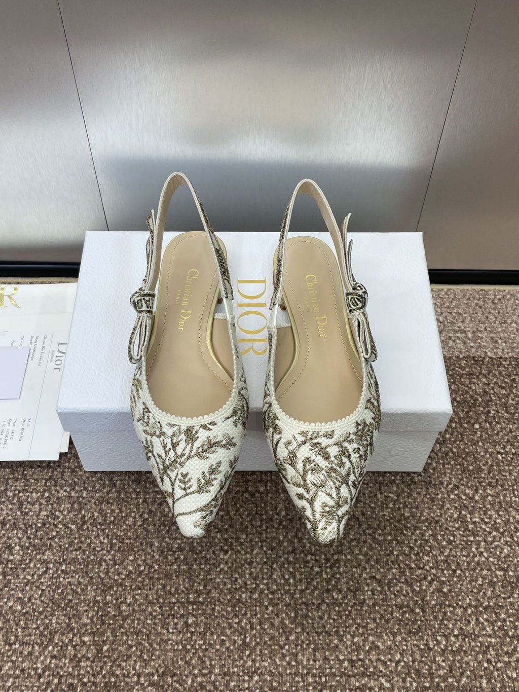 DIOR J'A SLINGBACK PUMP WHITE AND GOLD-TONE MILLEFIORI JACQUARD
