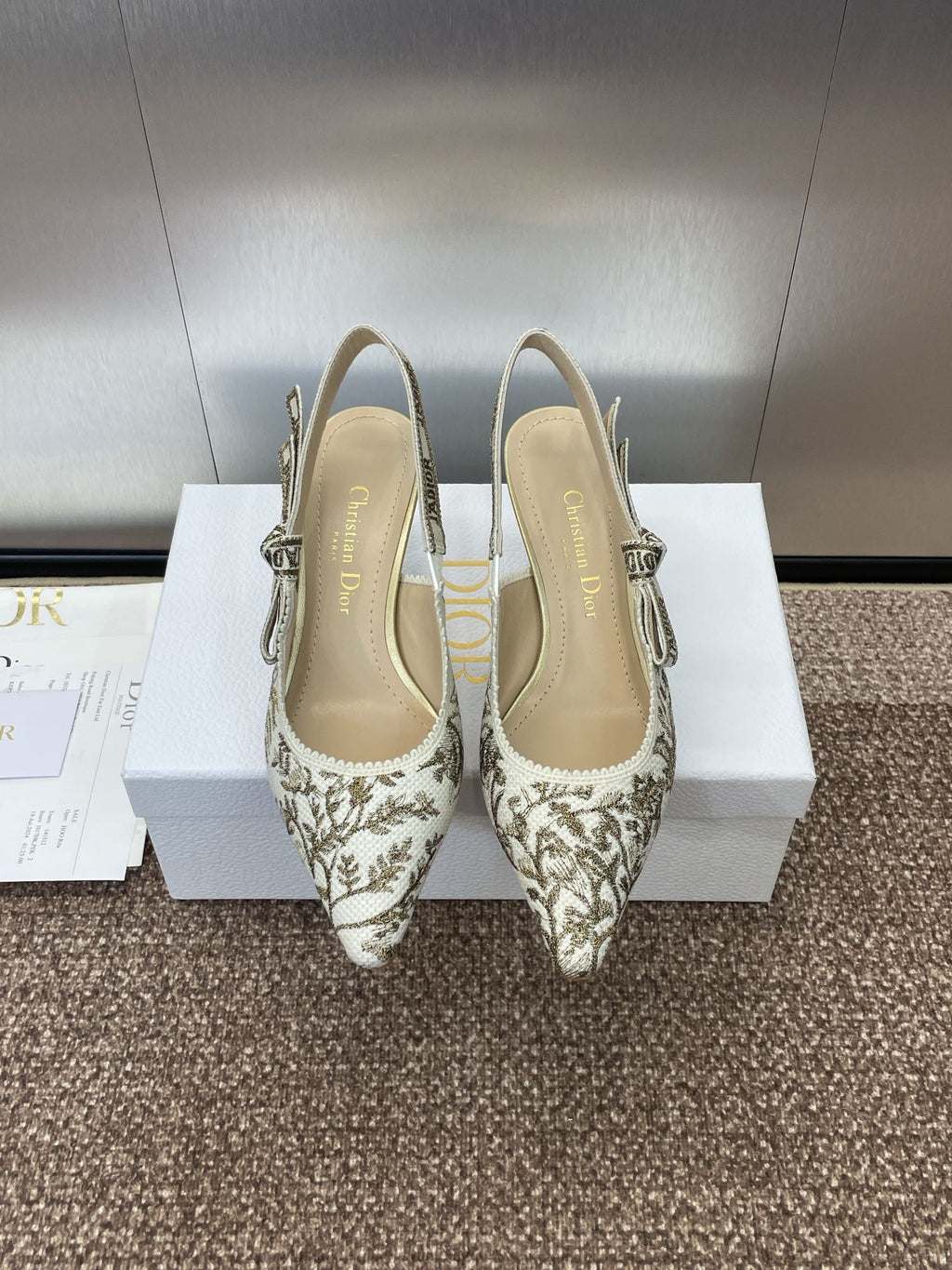 DIOR J'A HIGH SLINGBACK PUMP WHITE AND GOLD-TONE MILLEFIORI JACQUARD 65 MM