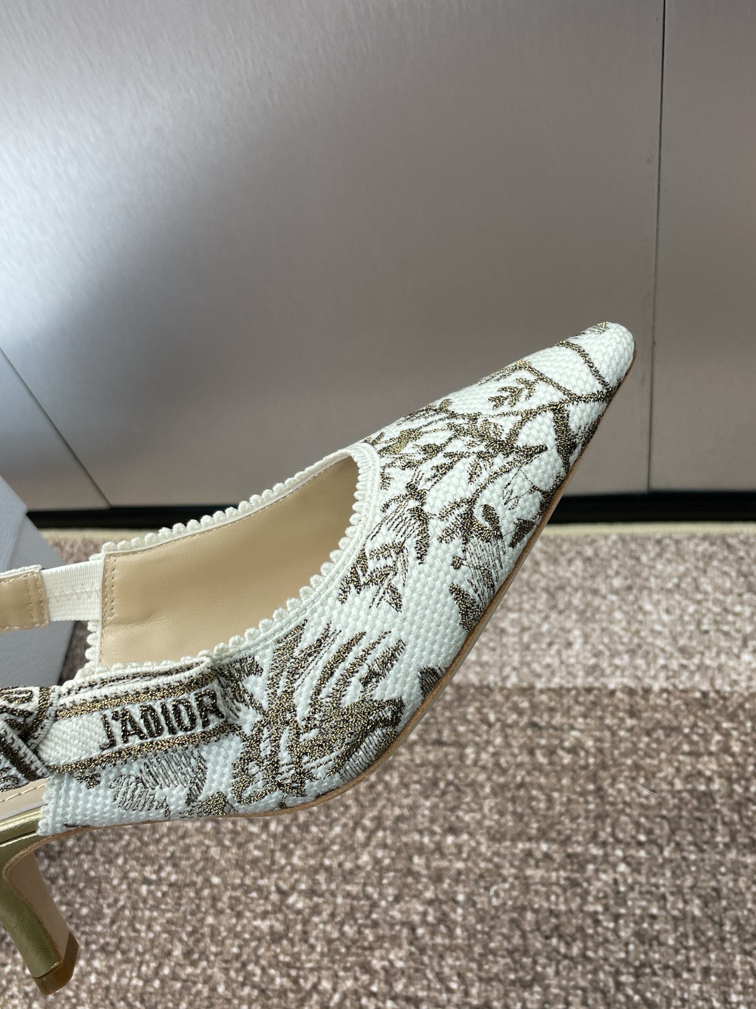 DIOR J'A HIGH SLINGBACK PUMP WHITE AND GOLD-TONE MILLEFIORI JACQUARD 65 MM