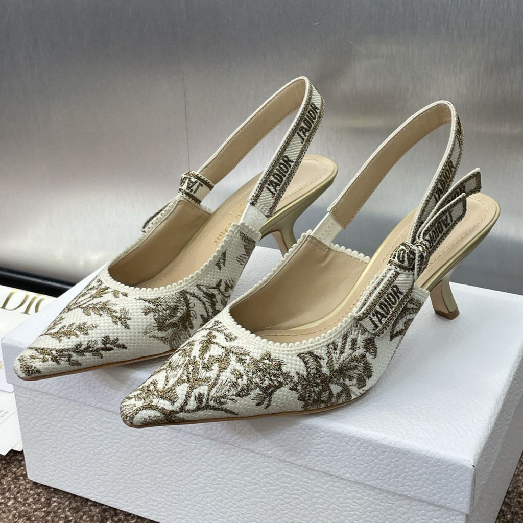 DIOR J'A HIGH SLINGBACK PUMP WHITE AND GOLD-TONE MILLEFIORI JACQUARD 65 MM