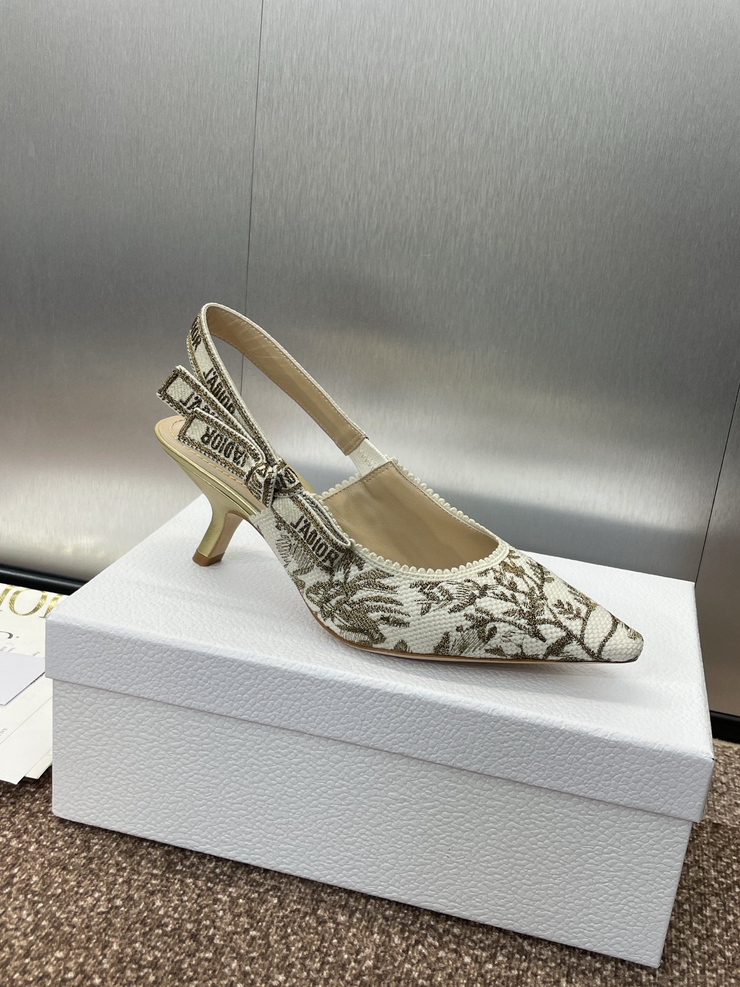 DIOR J'A HIGH SLINGBACK PUMP WHITE AND GOLD-TONE MILLEFIORI JACQUARD 65 MM