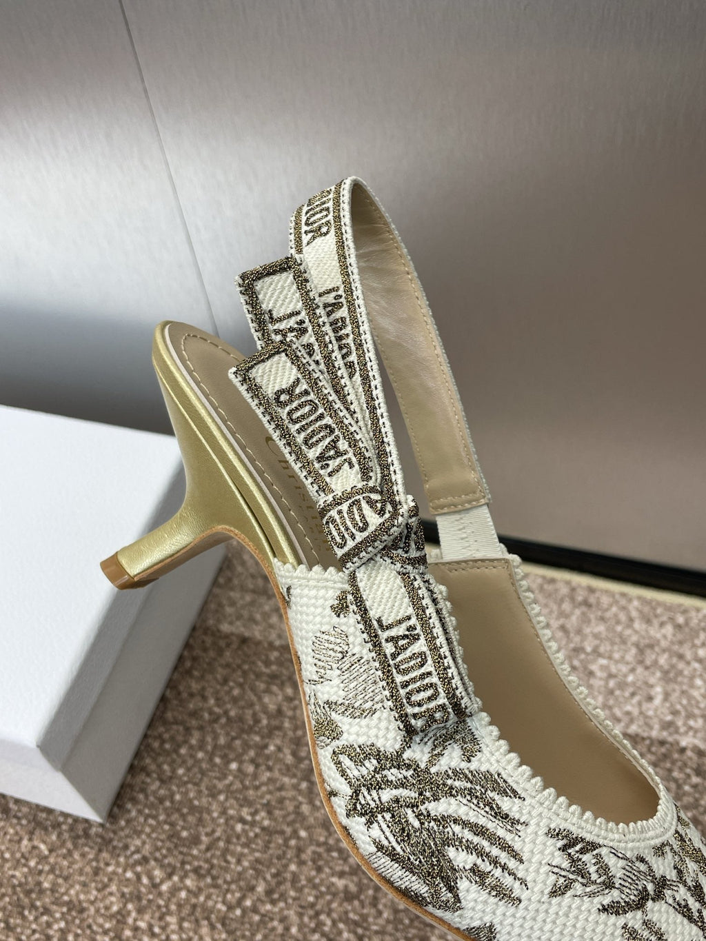 DIOR J'A HIGH SLINGBACK PUMP WHITE AND GOLD-TONE MILLEFIORI JACQUARD 65 MM