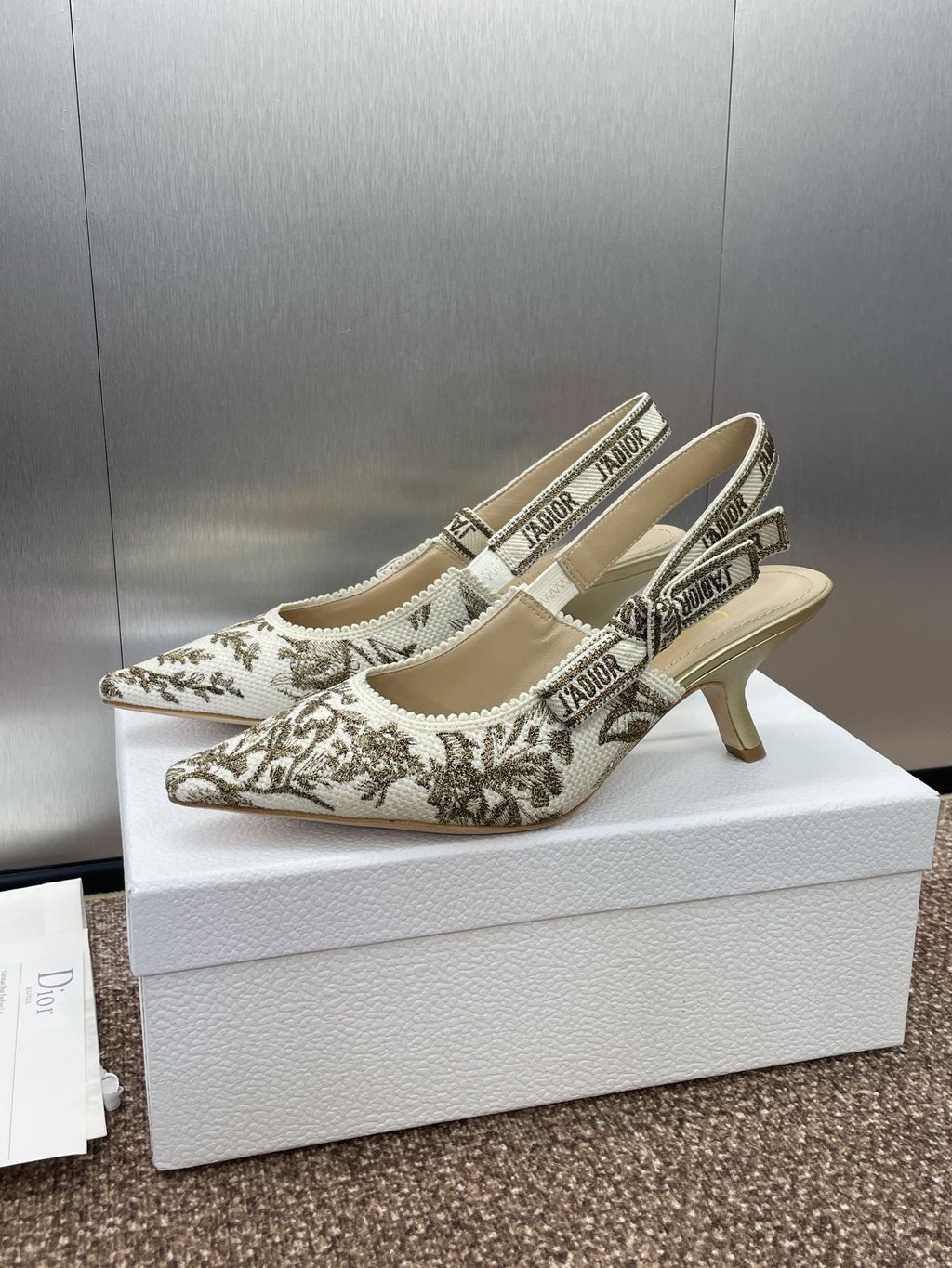 DIOR J'A HIGH SLINGBACK PUMP WHITE AND GOLD-TONE MILLEFIORI JACQUARD 65 MM
