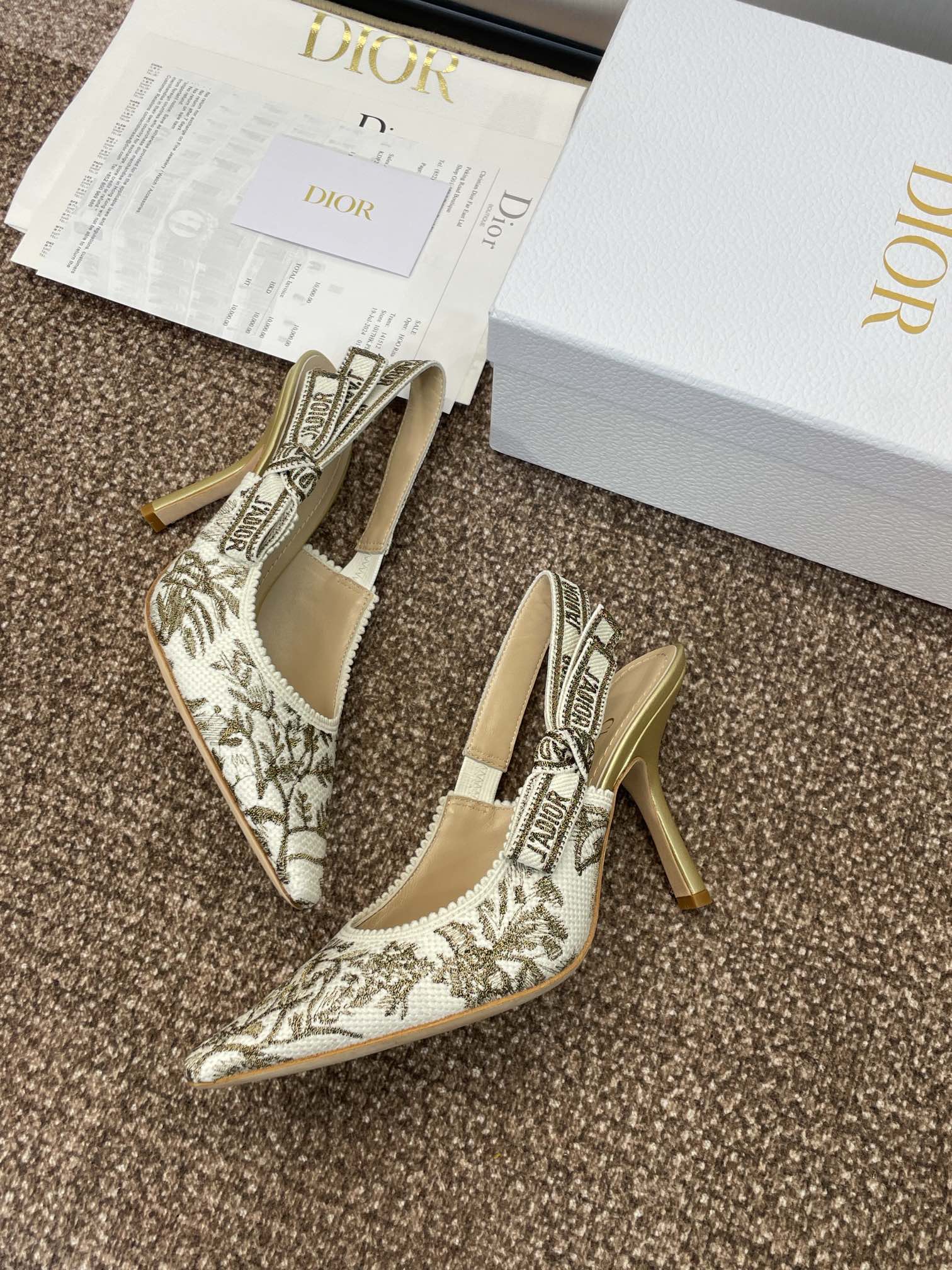 DIOR J'A HIGH SLINGBACK PUMP WHITE AND GOLD-TONE MILLEFIORI JACQUARD 95 MM