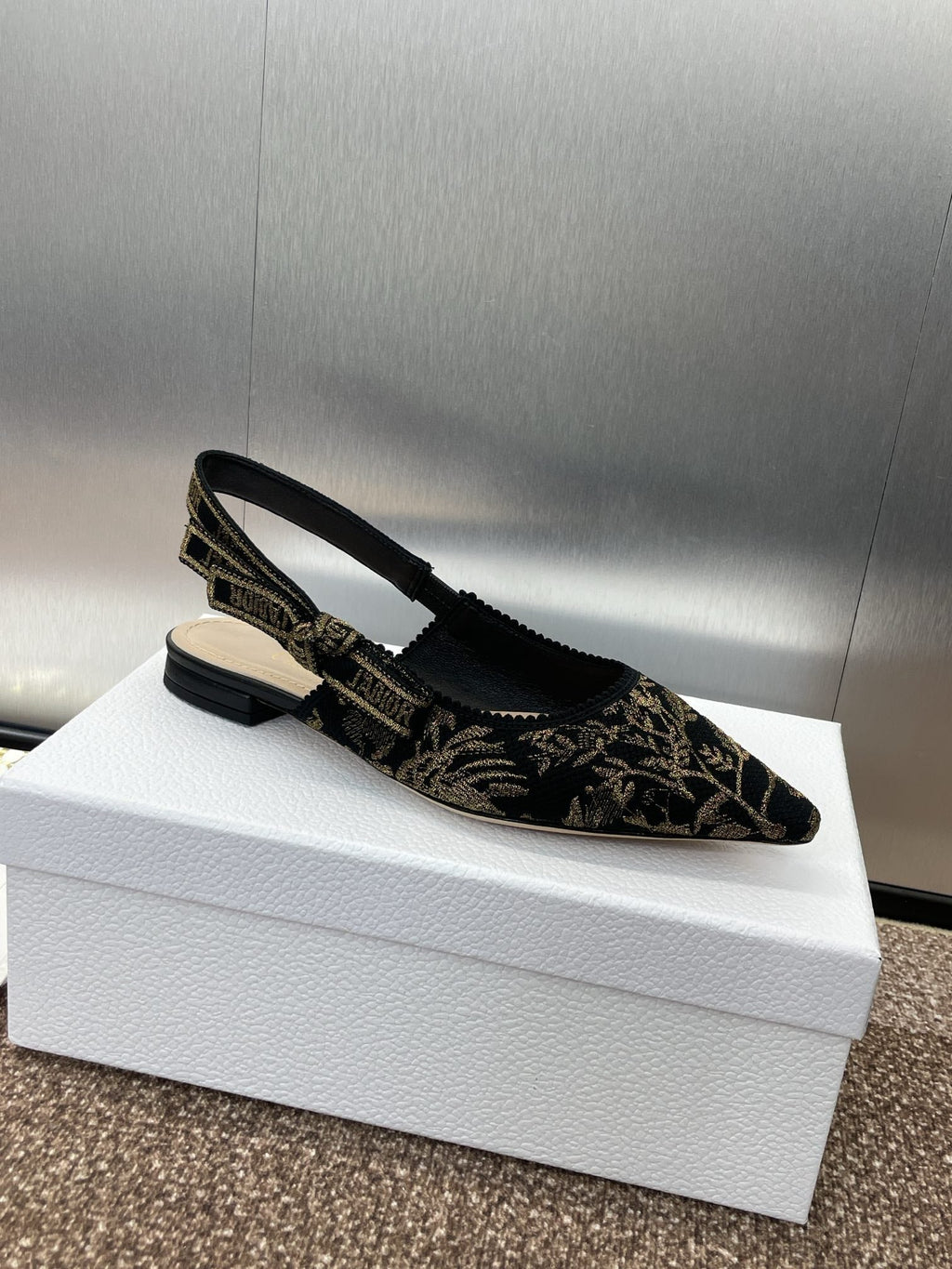 DIOR J'A SLINGBACK PUMP BLACK AND GOLD-TONE MILLEFIORI JACQUARD