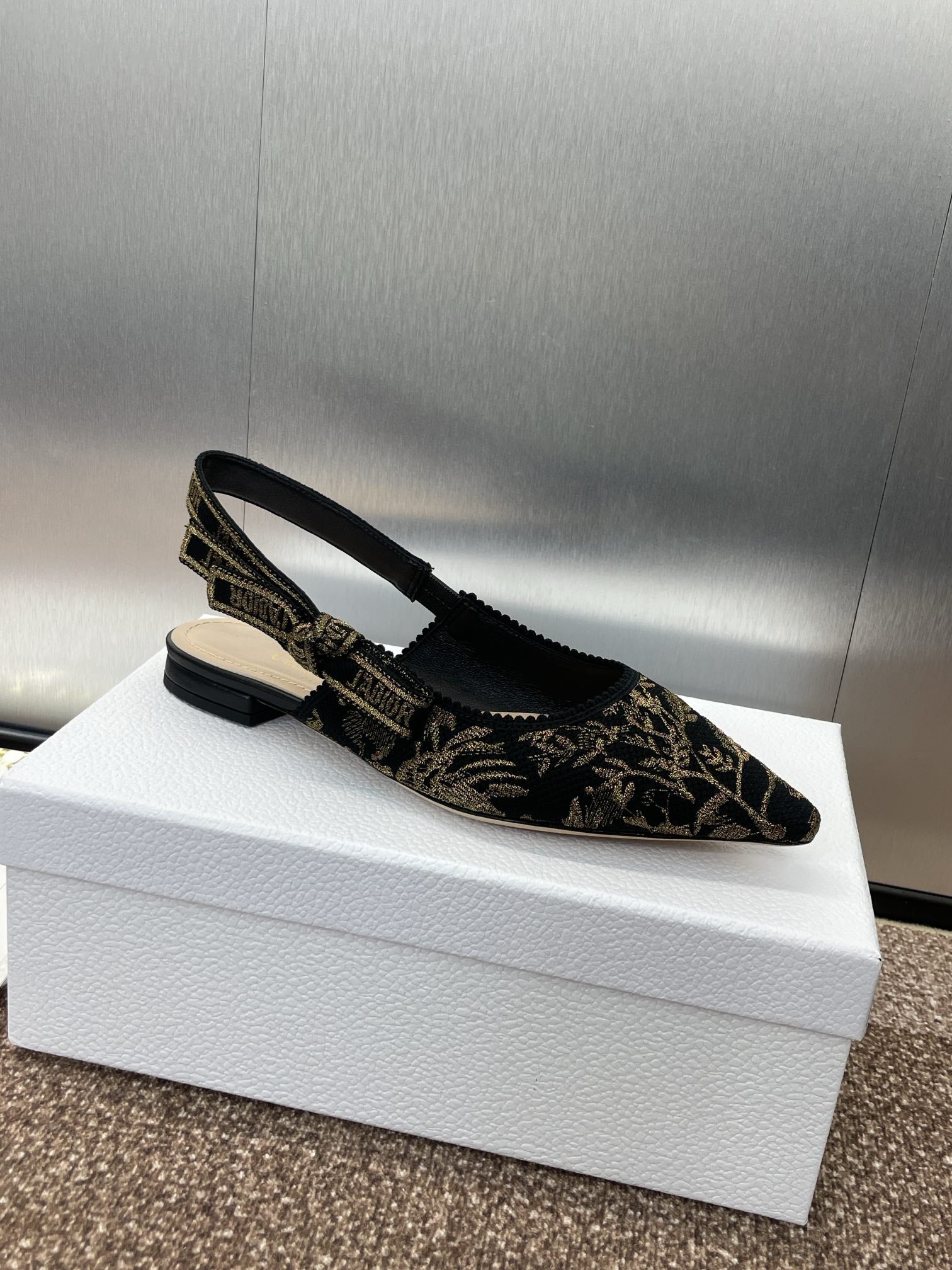 DIOR J'A SLINGBACK PUMP BLACK AND GOLD-TONE MILLEFIORI JACQUARD