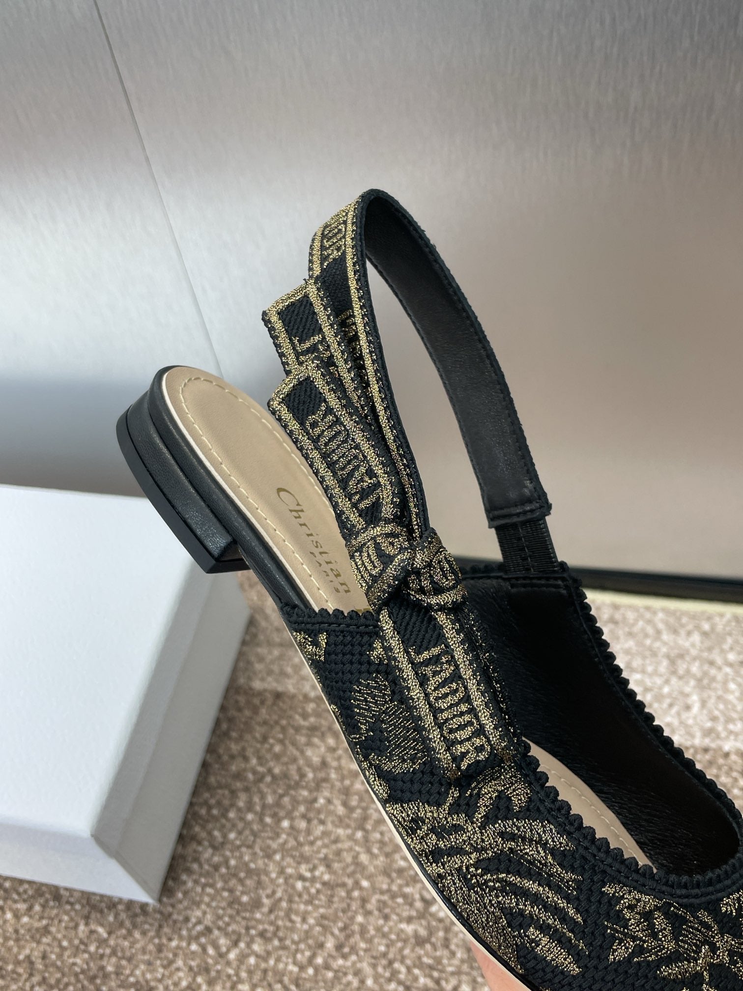 DIOR J'A SLINGBACK PUMP BLACK AND GOLD-TONE MILLEFIORI JACQUARD